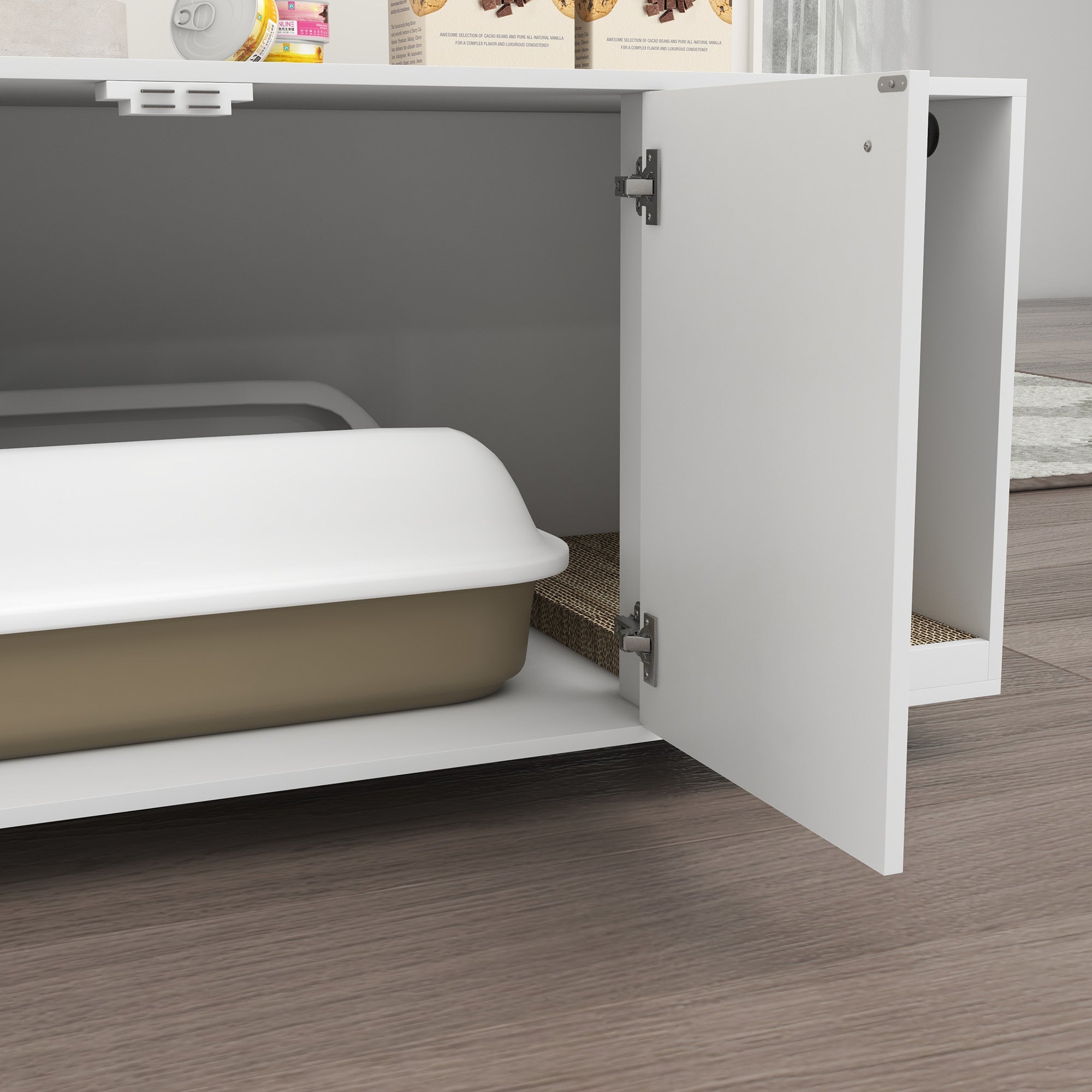 PawHut Cat Litter Box Enclosure, Industrial Hidden Cat Washroom Furniture, End Table with Double Doors and Scratching Pad for Living Room, Bedroom, Hallway, White