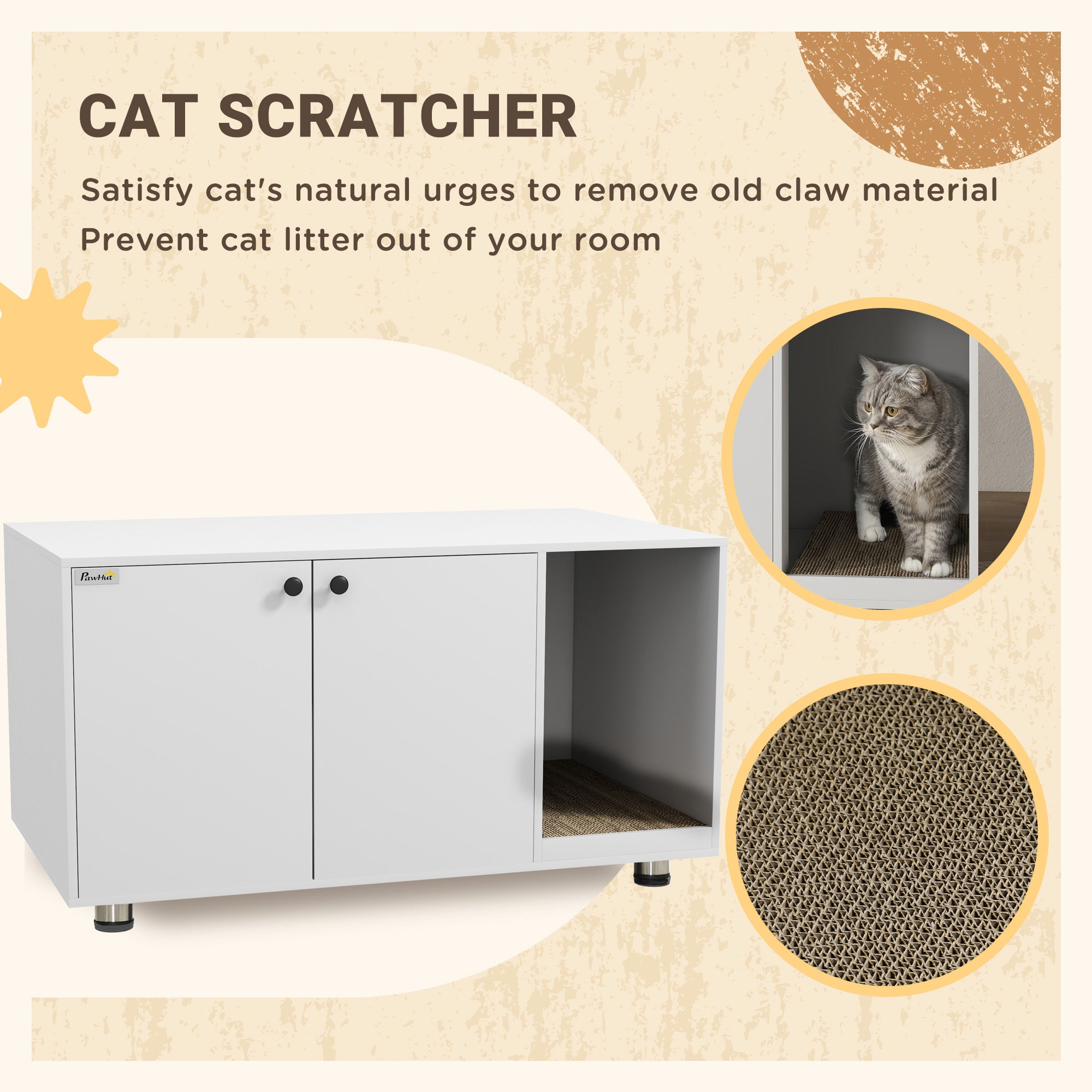 PawHut Cat Litter Box Enclosure, Industrial Hidden Cat Washroom Furniture, End Table with Double Doors and Scratching Pad for Living Room, Bedroom, Hallway, White