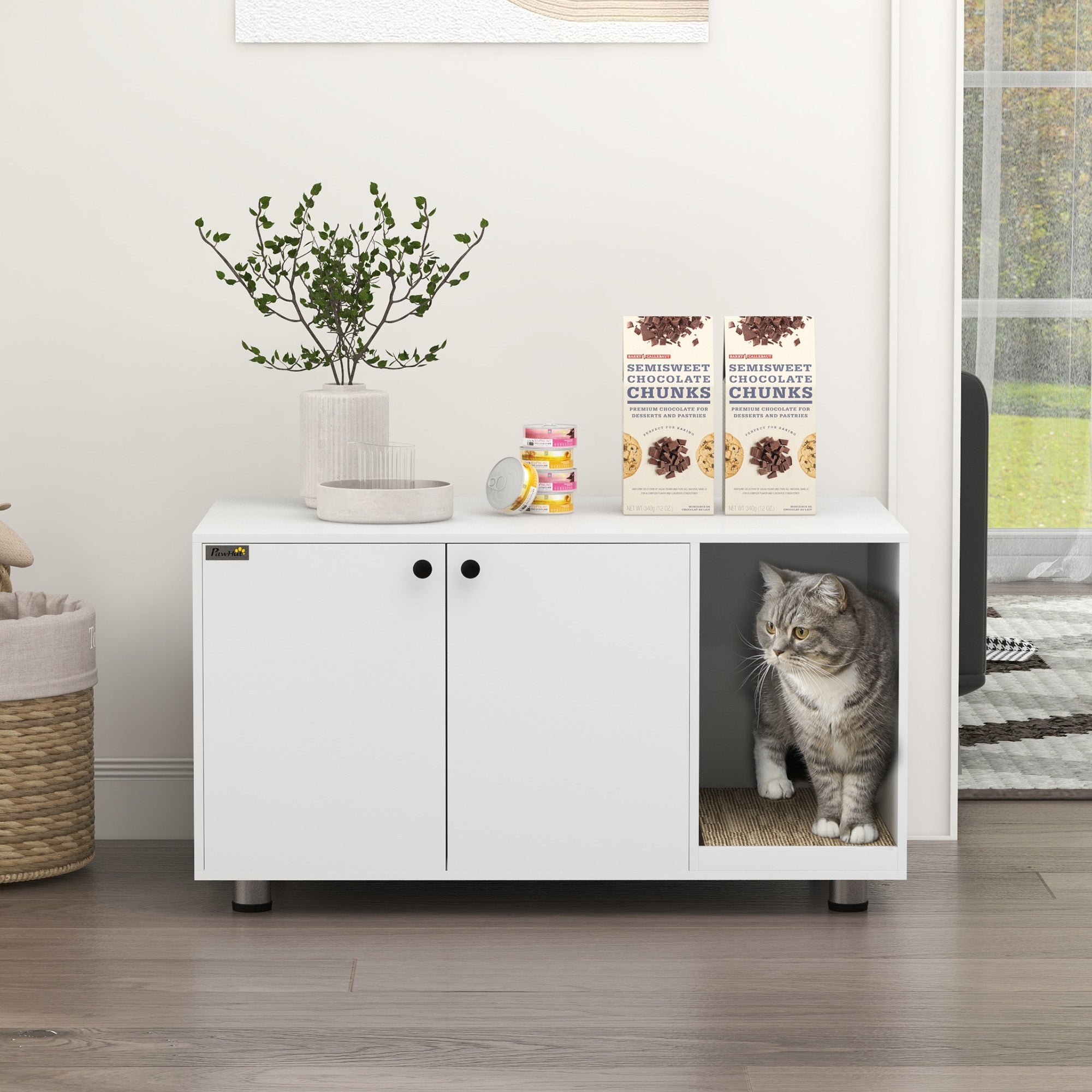 PawHut Cat Litter Box Enclosure, Industrial Hidden Cat Washroom Furniture, End Table with Double Doors and Scratching Pad for Living Room, Bedroom, Hallway, White