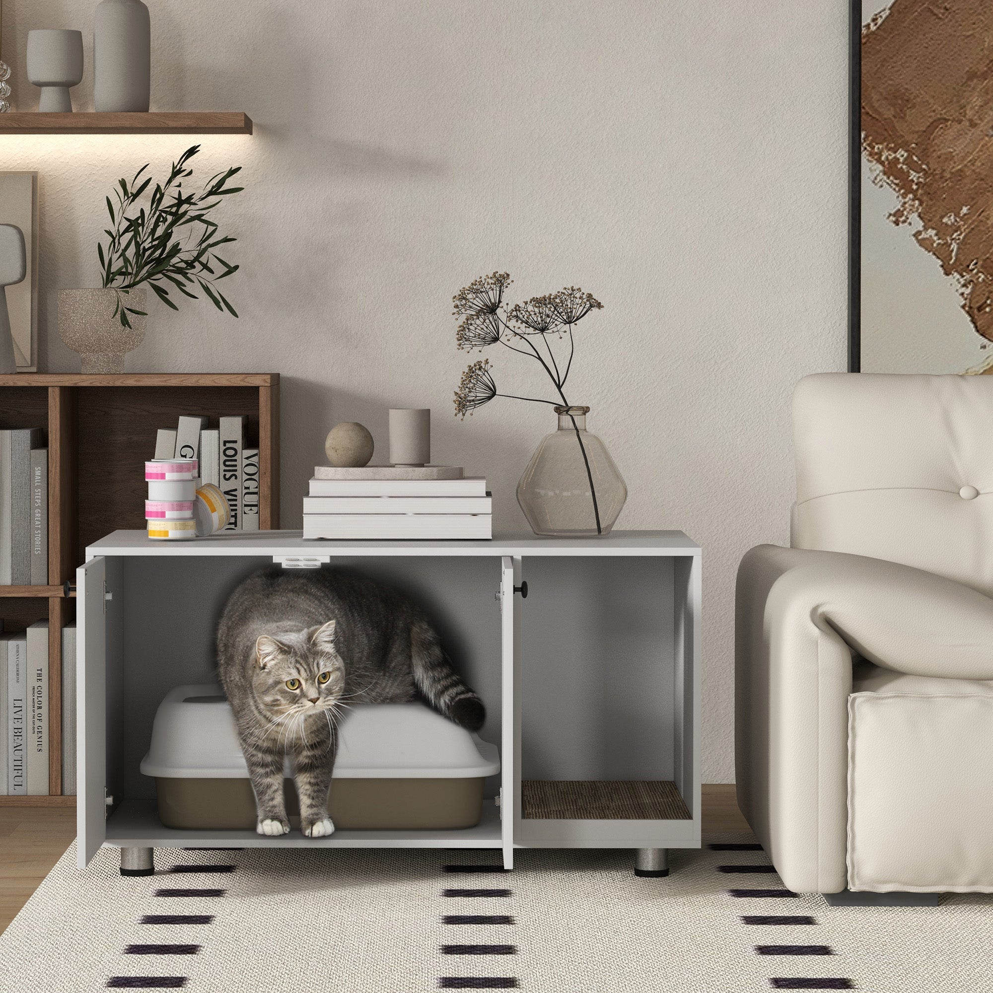 PawHut Cat Litter Box Enclosure, Industrial Hidden Cat Washroom Furniture, End Table with Double Doors and Scratching Pad for Living Room, Bedroom, Hallway, White