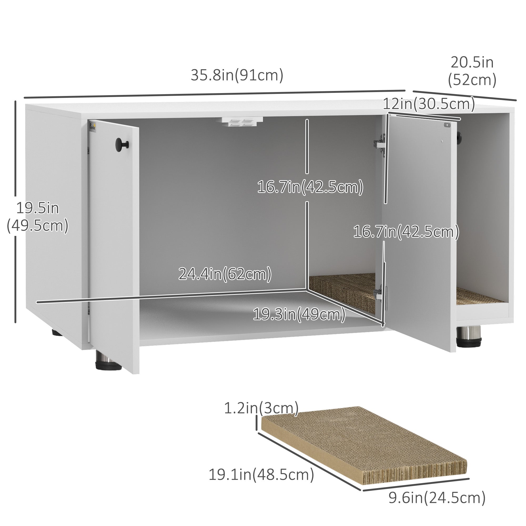 PawHut Cat Litter Box Enclosure, Industrial Hidden Cat Washroom Furniture, End Table with Double Doors and Scratching Pad for Living Room, Bedroom, Hallway, White