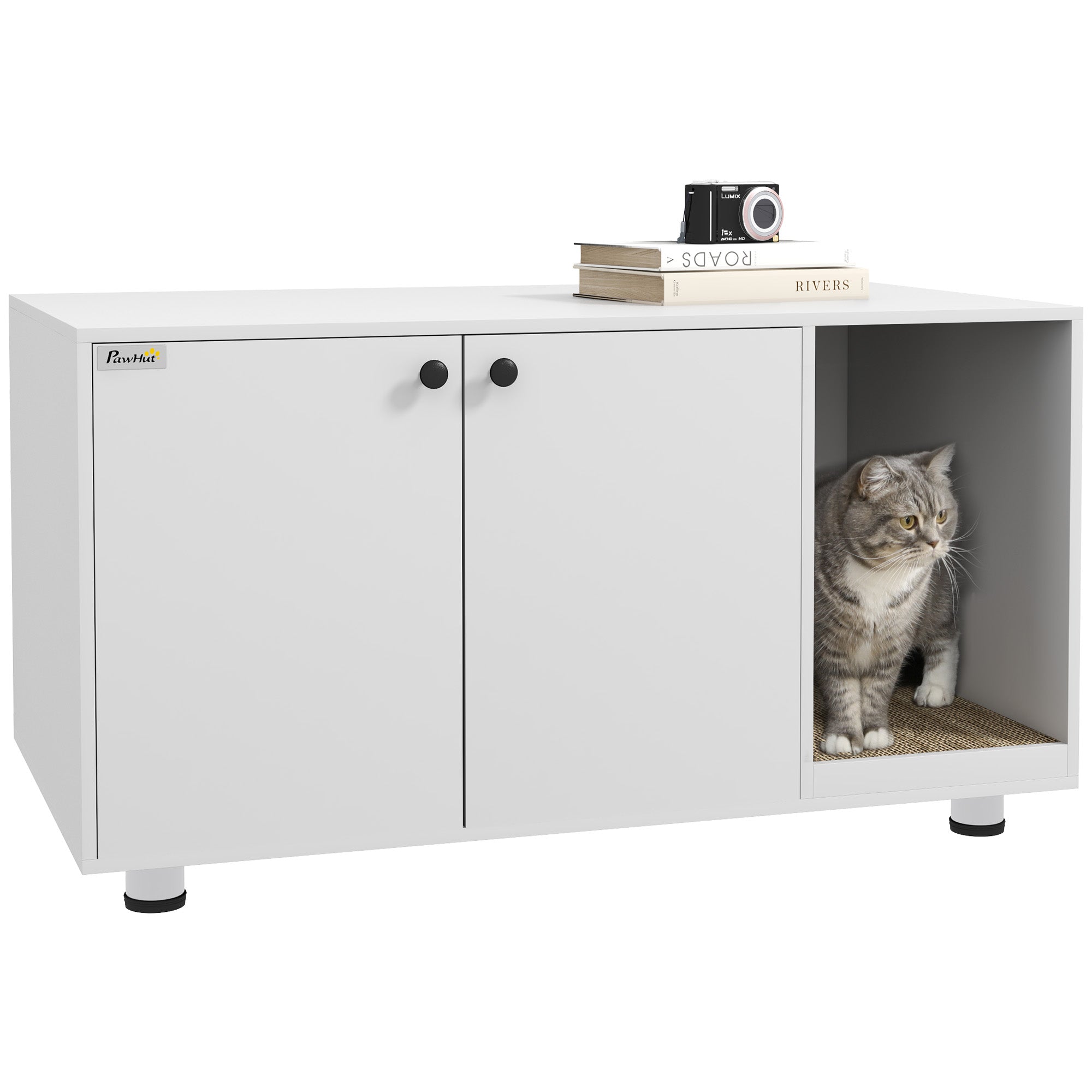 PawHut Cat Litter Box Enclosure, Industrial Hidden Cat Washroom Furniture, End Table with Double Doors and Scratching Pad for Living Room, Bedroom, Hallway, White
