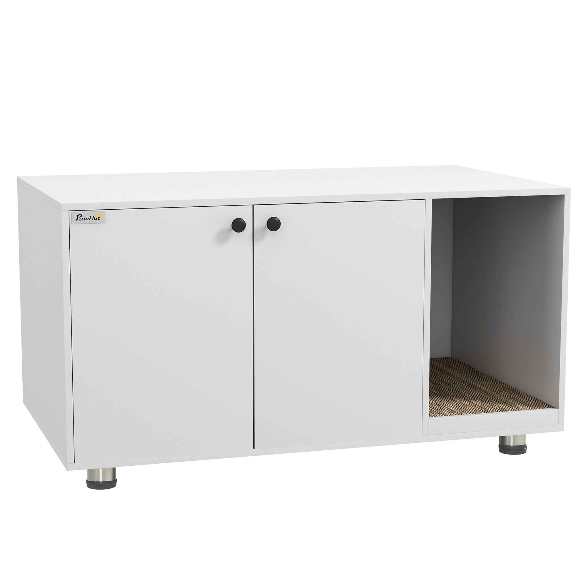 PawHut Cat Litter Box Enclosure, Industrial Hidden Cat Washroom Furniture, End Table with Double Doors and Scratching Pad for Living Room, Bedroom, Hallway, White