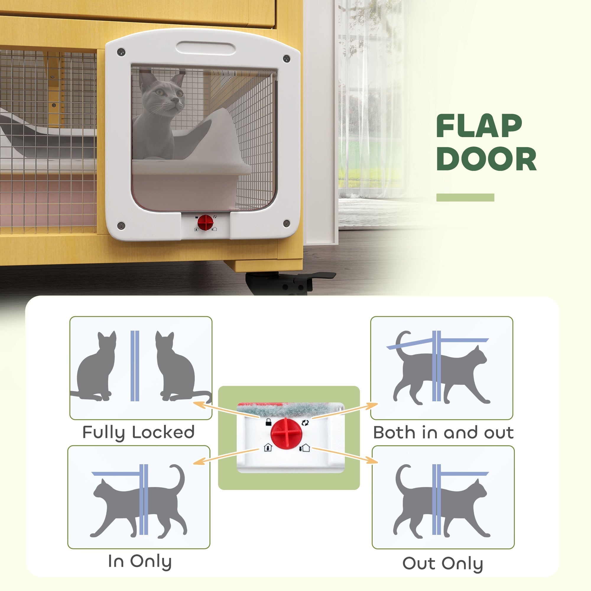 PawHut Wooden Cat House for Indoor Cats 3 Levels Cat Condo Cat Villa on Wheels with Cat Flap Door Platforms Hammock Openable Top for 2 Cats, Yellow