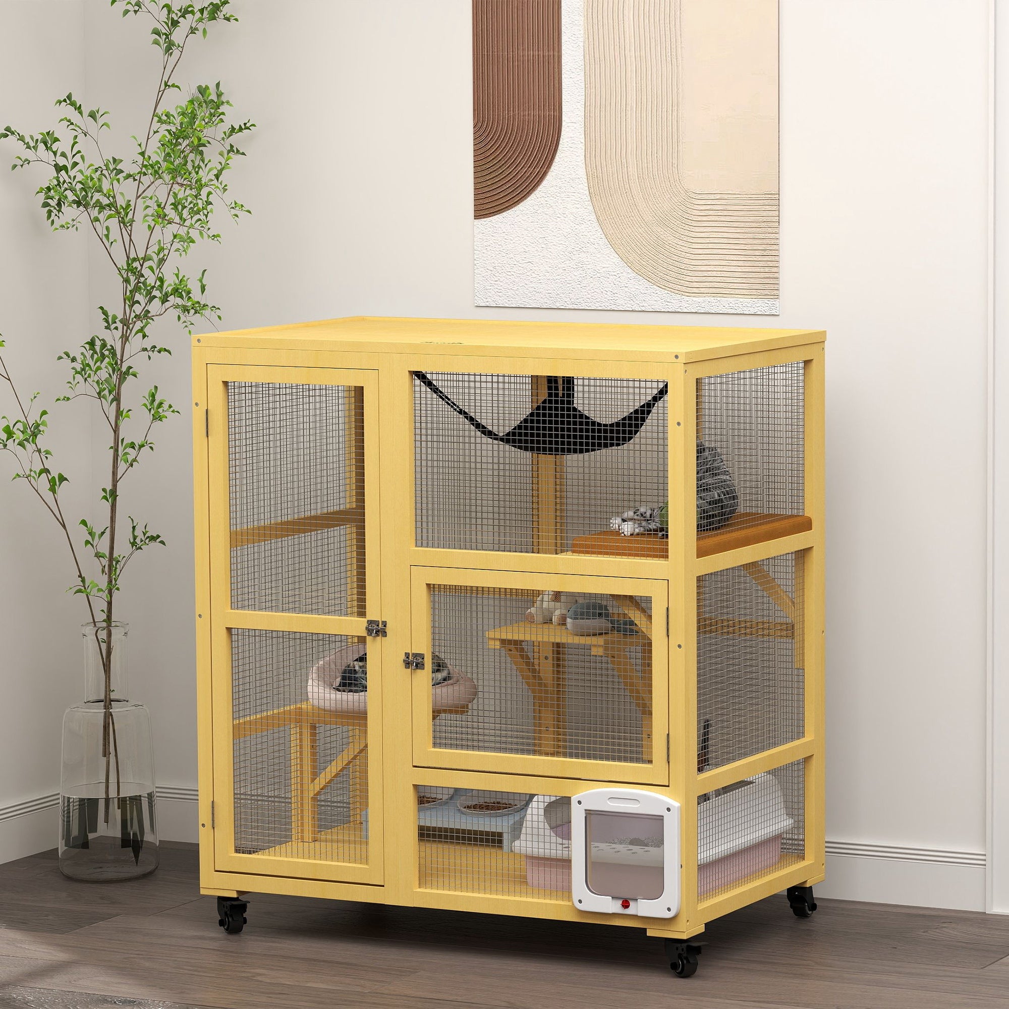 PawHut Wooden Cat House for Indoor Cats 3 Levels Cat Condo Cat Villa on Wheels with Cat Flap Door Platforms Hammock Openable Top for 2 Cats, Yellow