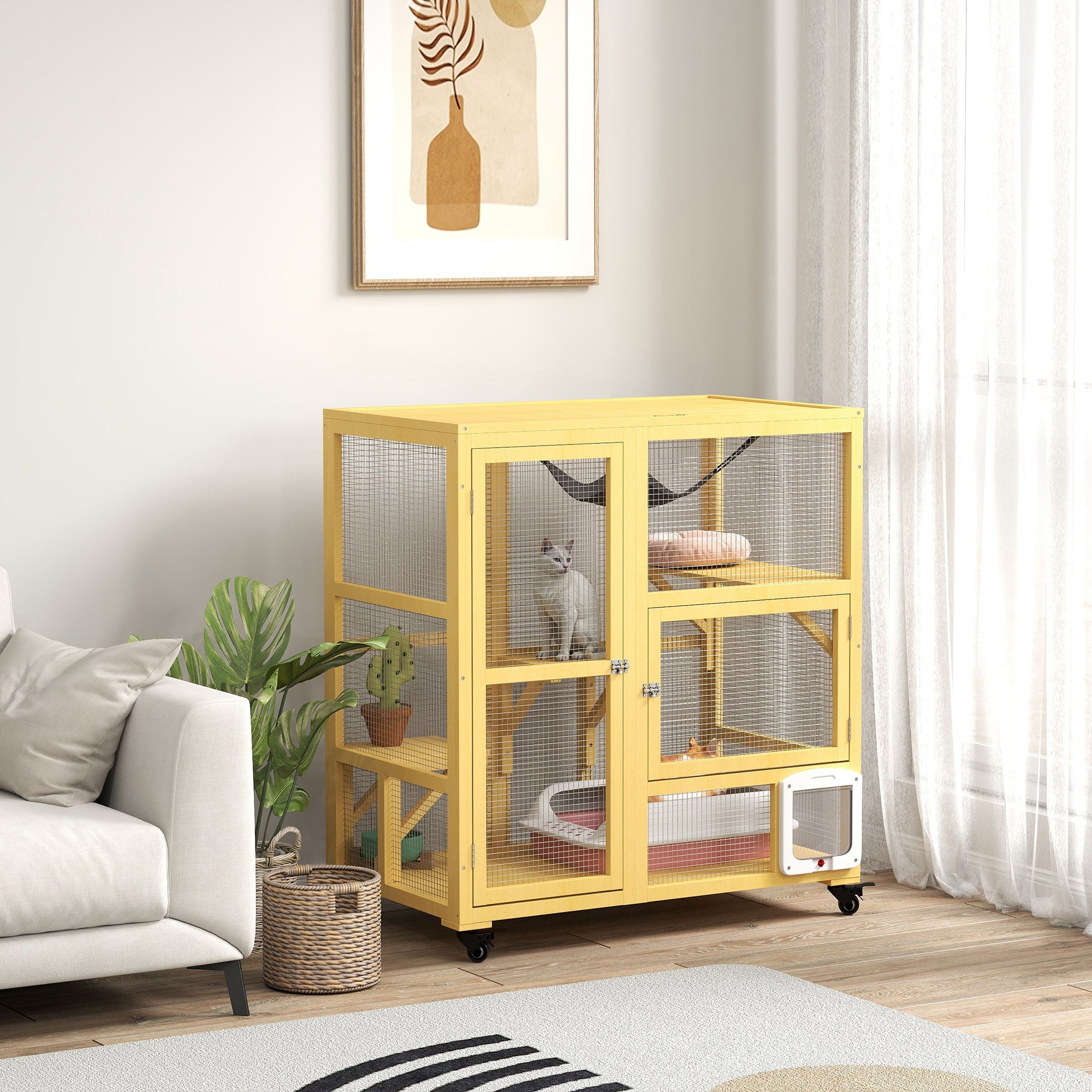 PawHut Wooden Cat House for Indoor Cats 3 Levels Cat Condo Cat Villa on Wheels with Cat Flap Door Platforms Hammock Openable Top for 2 Cats, Yellow