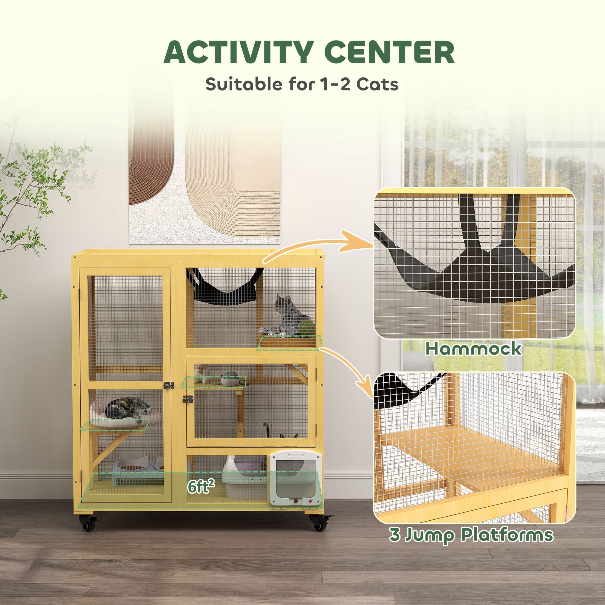 PawHut Wooden Cat House for Indoor Cats 3 Levels Cat Condo Cat Villa on Wheels with Cat Flap Door Platforms Hammock Openable Top for 2 Cats, Yellow