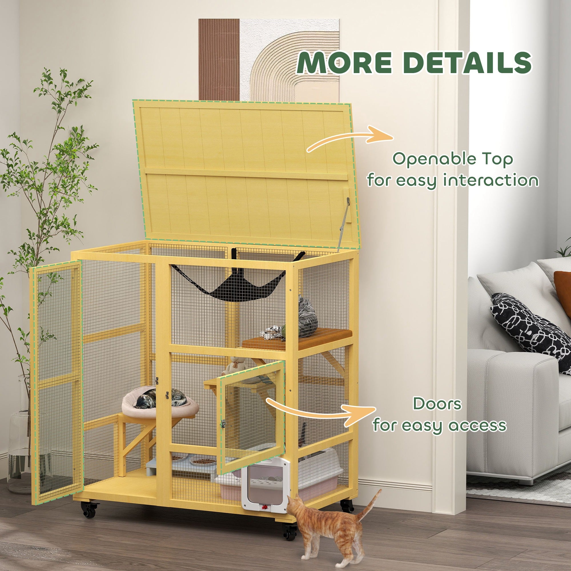 PawHut Wooden Cat House for Indoor Cats 3 Levels Cat Condo Cat Villa on Wheels with Cat Flap Door Platforms Hammock Openable Top for 2 Cats, Yellow