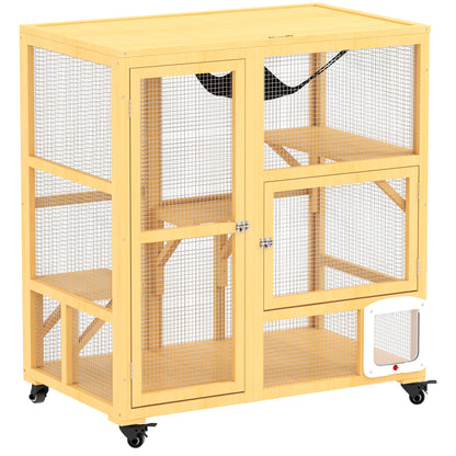 PawHut Wooden Cat House for Indoor Cats 3 Levels Cat Condo Cat Villa on Wheels with Cat Flap Door Platforms Hammock Openable Top for 2 Cats, Yellow