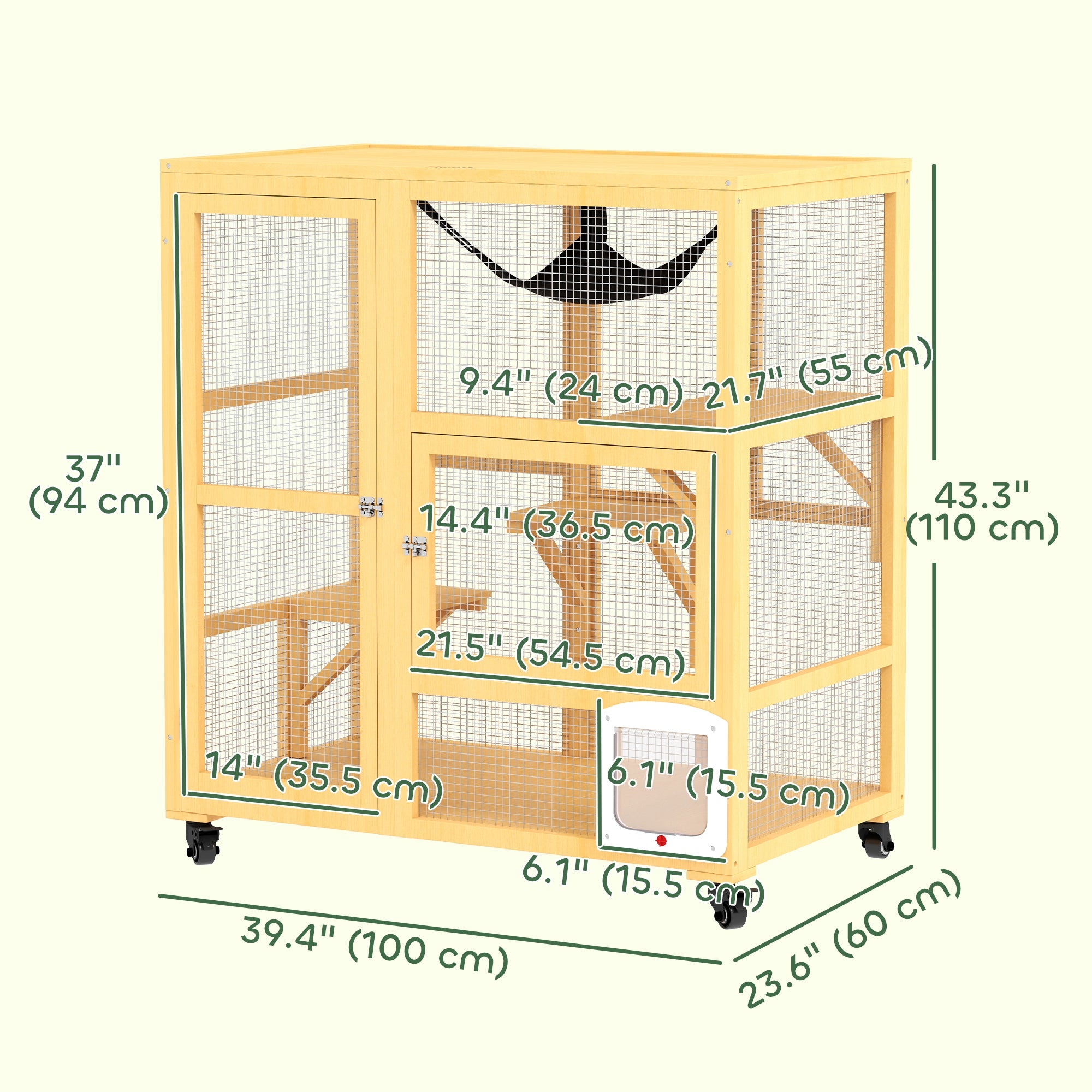 PawHut Wooden Cat House for Indoor Cats 3 Levels Cat Condo Cat Villa on Wheels with Cat Flap Door Platforms Hammock Openable Top for 2 Cats, Yellow