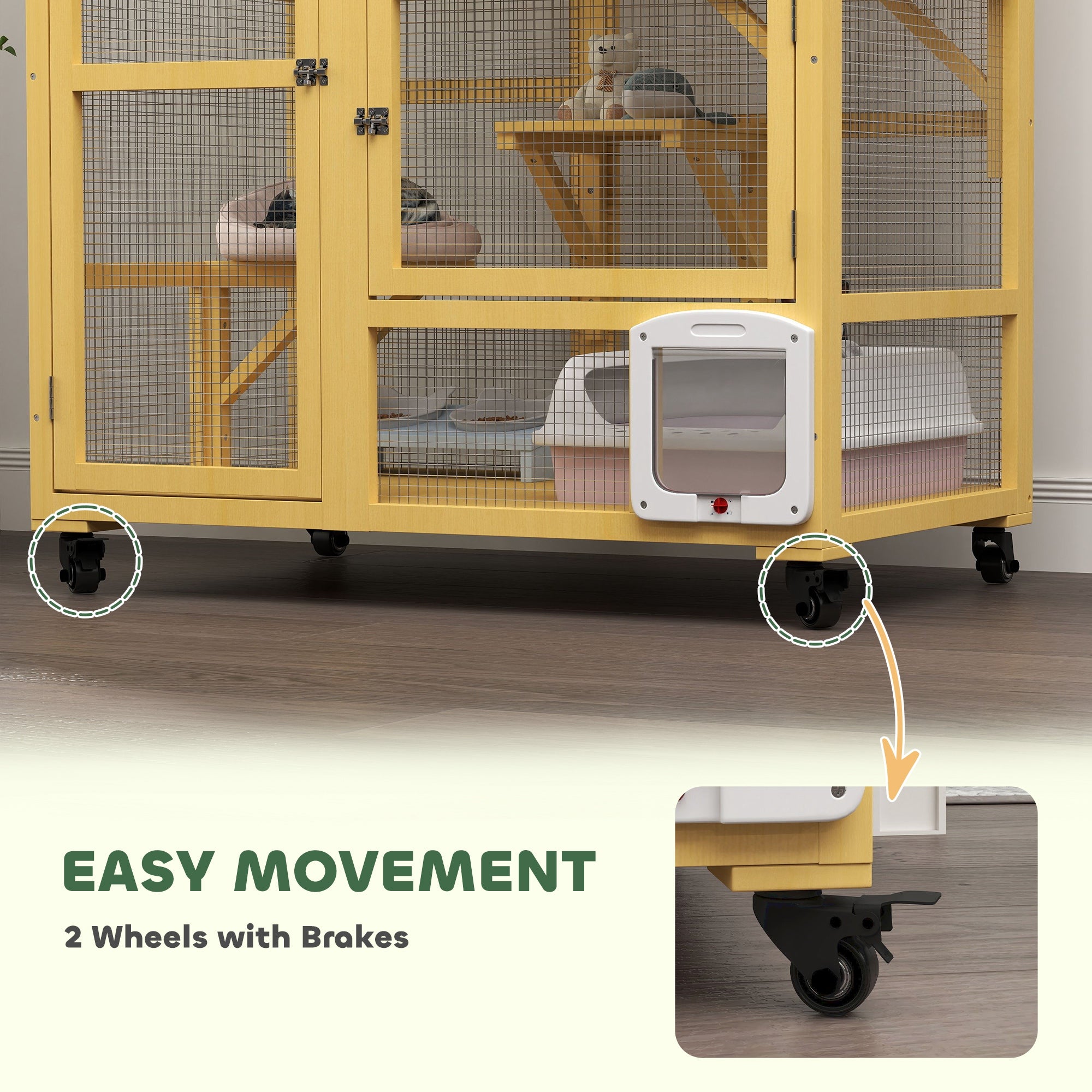 PawHut Wooden Cat House for Indoor Cats 3 Levels Cat Condo Cat Villa on Wheels with Cat Flap Door Platforms Hammock Openable Top for 2 Cats, Yellow