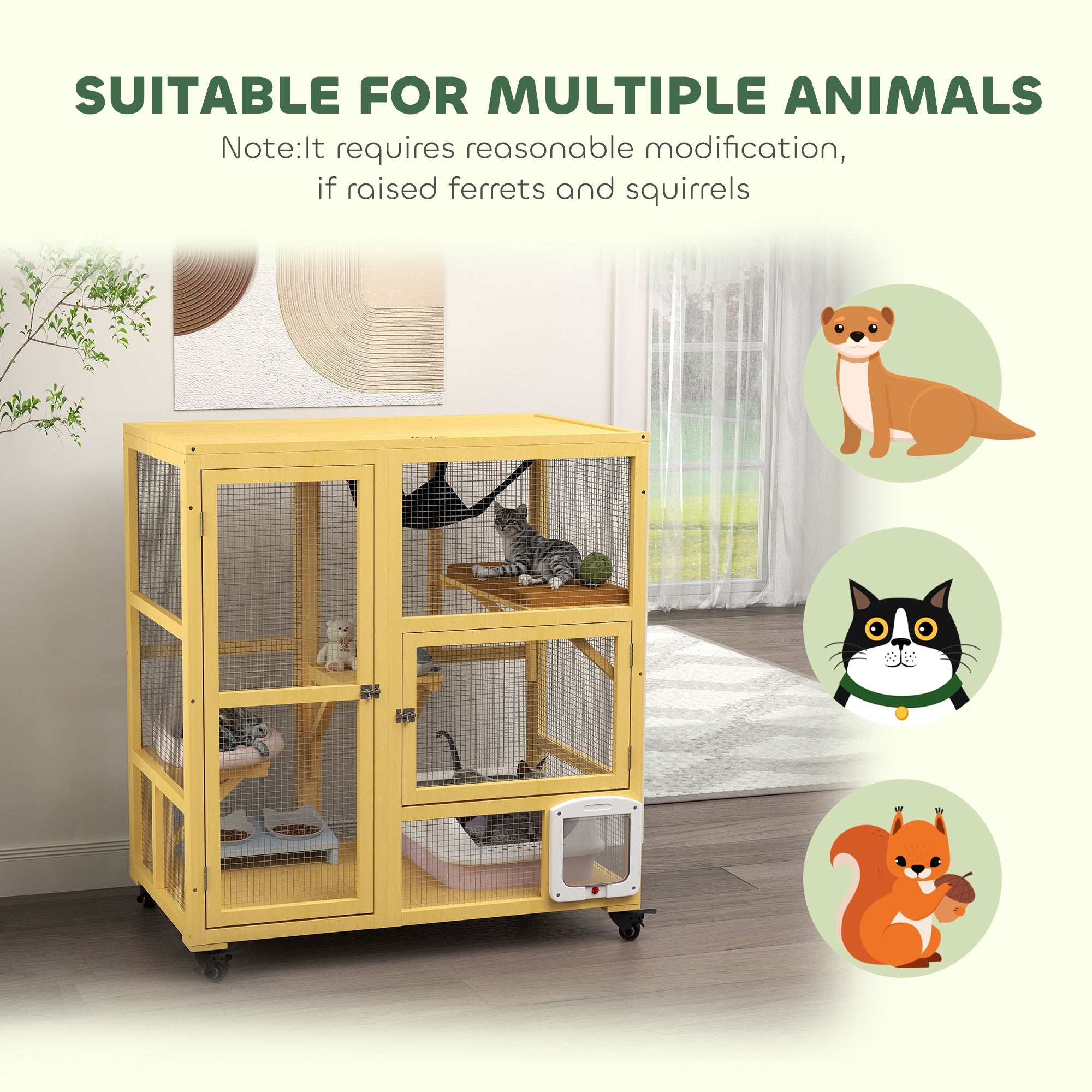 PawHut Wooden Cat House for Indoor Cats 3 Levels Cat Condo Cat Villa on Wheels with Cat Flap Door Platforms Hammock Openable Top for 2 Cats, Yellow