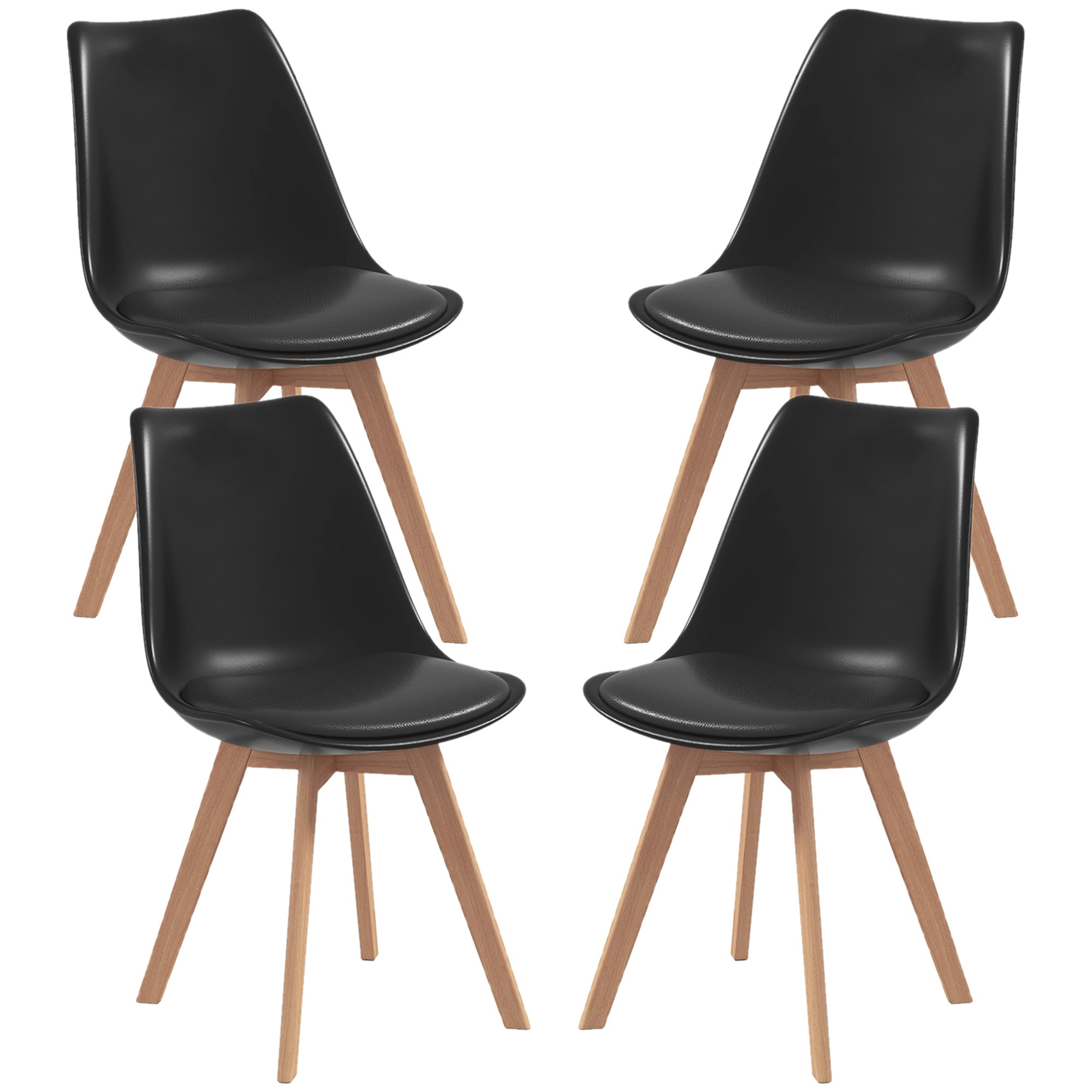 HOMCOM Dining Chairs Set of 4, Modern Kitchen Chairs with PU Leather Cushion and Wood Base, Upholstered Accent Chairs for Living Room and Dining Room, Black