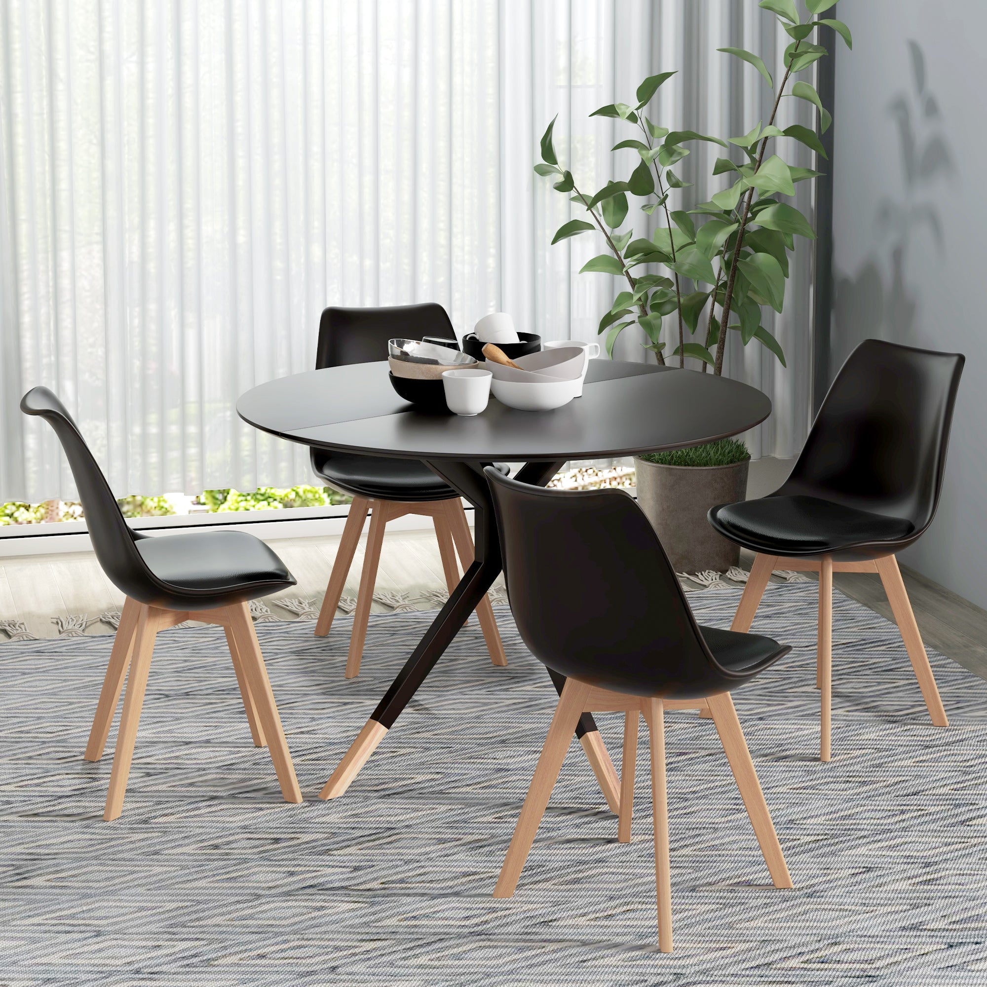 HOMCOM Dining Chairs Set of 4, Modern Kitchen Chairs with PU Leather Cushion and Wood Base, Upholstered Accent Chairs for Living Room and Dining Room, Black