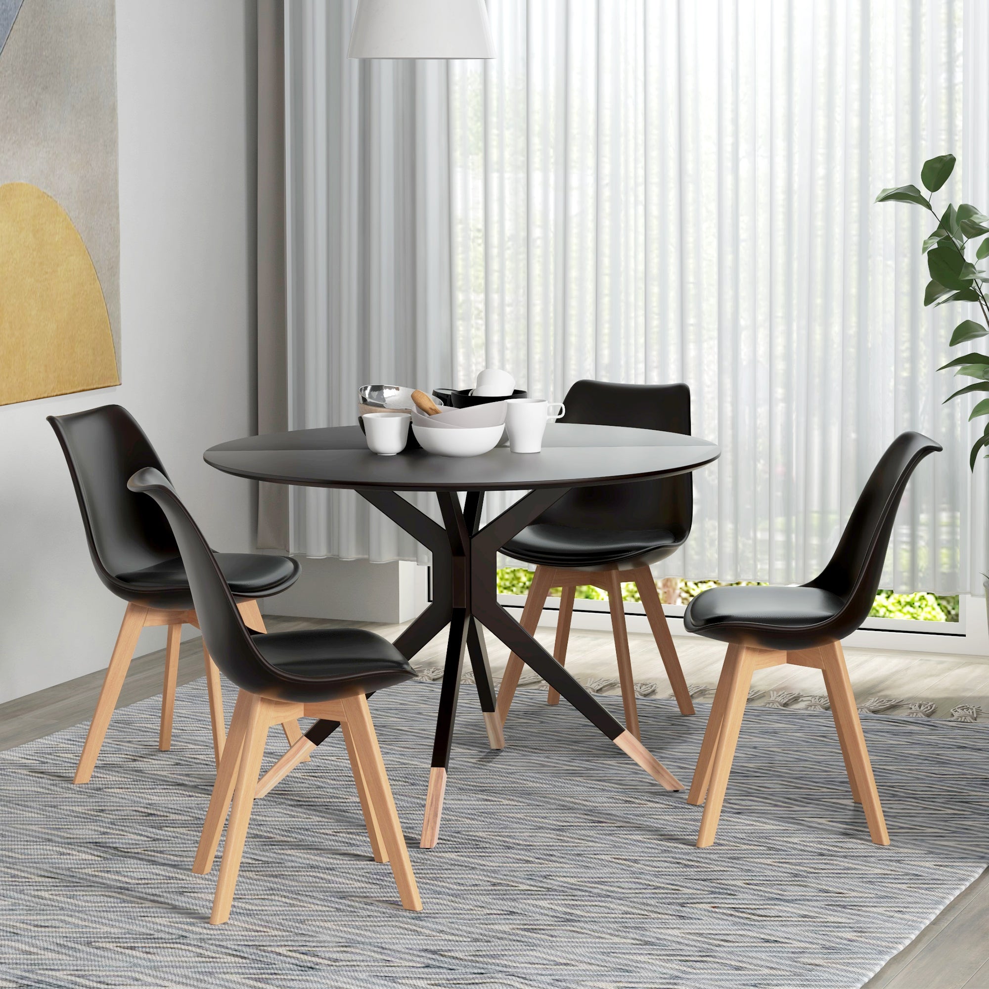 HOMCOM Dining Chairs Set of 4, Modern Kitchen Chairs with PU Leather Cushion and Wood Base, Upholstered Accent Chairs for Living Room and Dining Room, Black