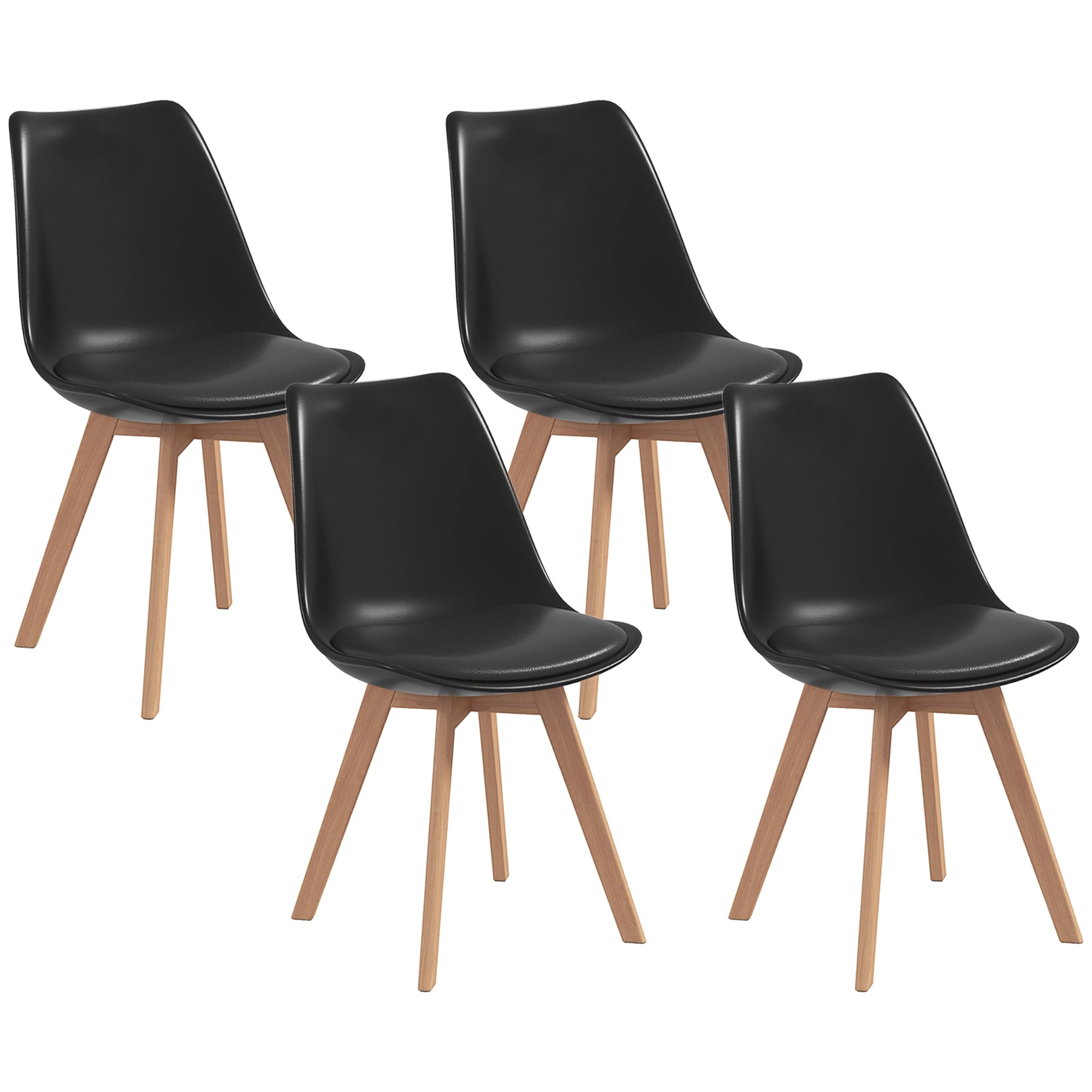 HOMCOM Dining Chairs Set of 4, Modern Kitchen Chairs with PU Leather Cushion and Wood Base, Upholstered Accent Chairs for Living Room and Dining Room, Black