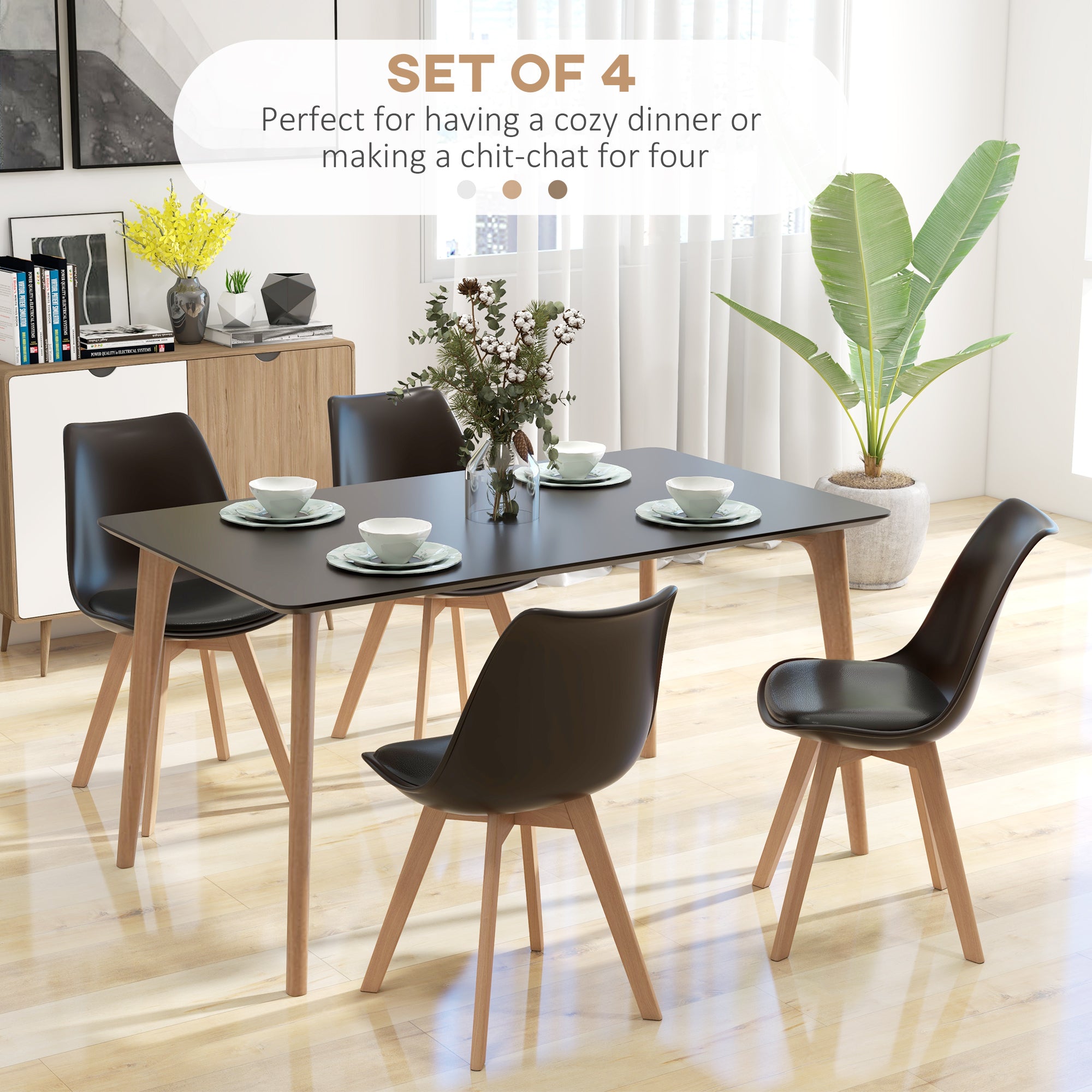 HOMCOM Dining Chairs Set of 4, Modern Kitchen Chairs with PU Leather Cushion and Wood Base, Upholstered Accent Chairs for Living Room and Dining Room, Black