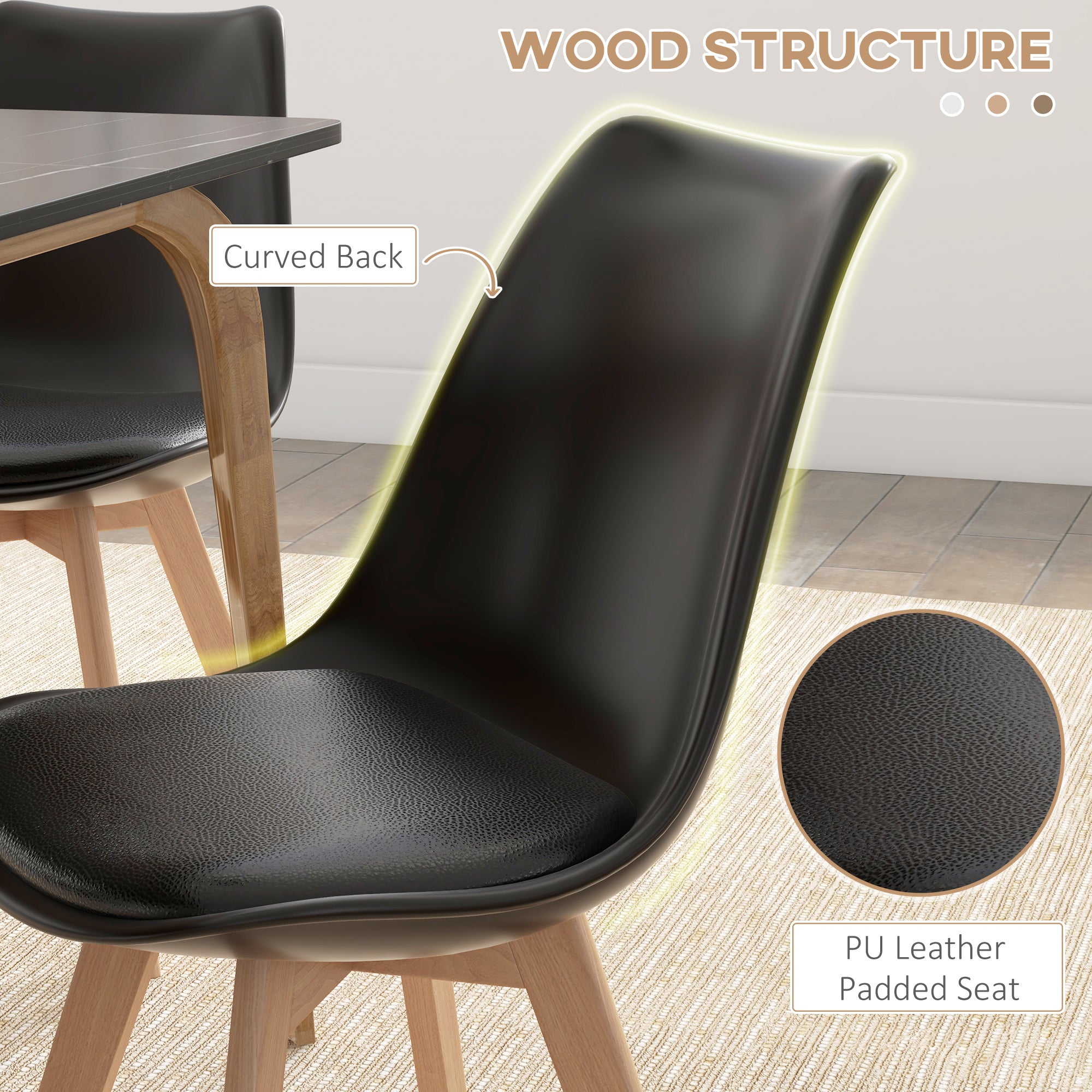 HOMCOM Dining Chairs Set of 4, Modern Kitchen Chairs with PU Leather Cushion and Wood Base, Upholstered Accent Chairs for Living Room and Dining Room, Black