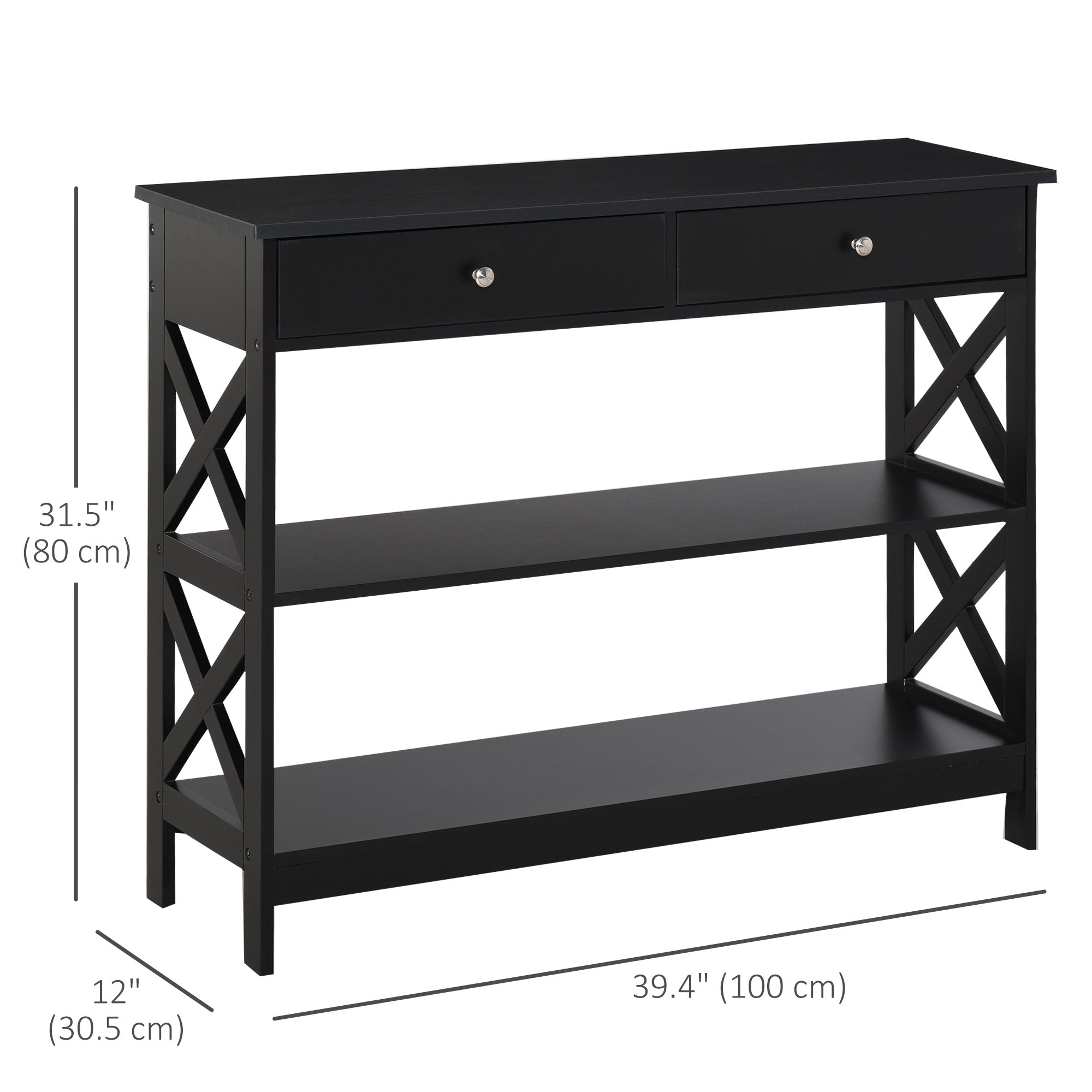 HOMCOM Console Table Sofa Side Desk with Storage Shelves Drawers X Frame for Living Room Entryway Black