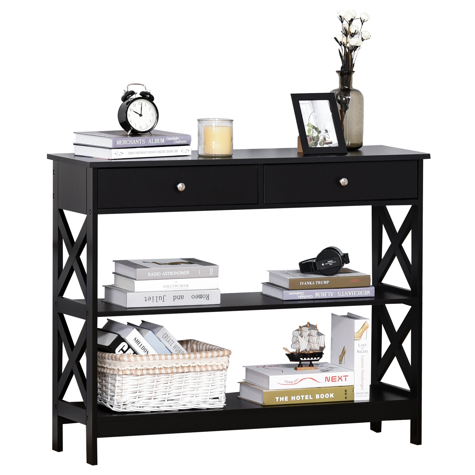 HOMCOM Console Table Sofa Side Desk with Storage Shelves Drawers X Frame for Living Room Entryway Black
