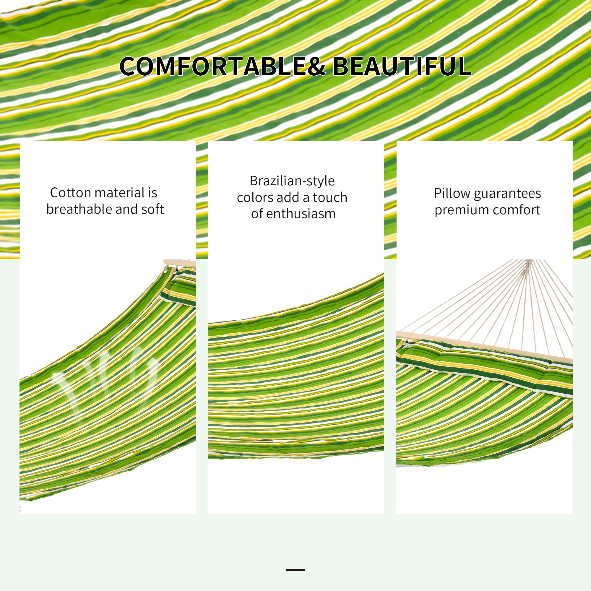 Outsunny 75" Patio Outdoor Hammock, Striped Camping Hammock Lounge Bed Garden w/ Pillow, Green