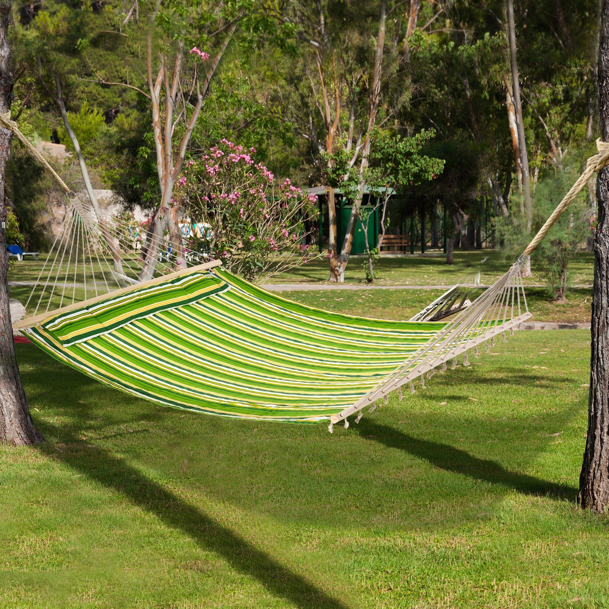 Outsunny 75" Patio Outdoor Hammock, Striped Camping Hammock Lounge Bed Garden w/ Pillow, Green