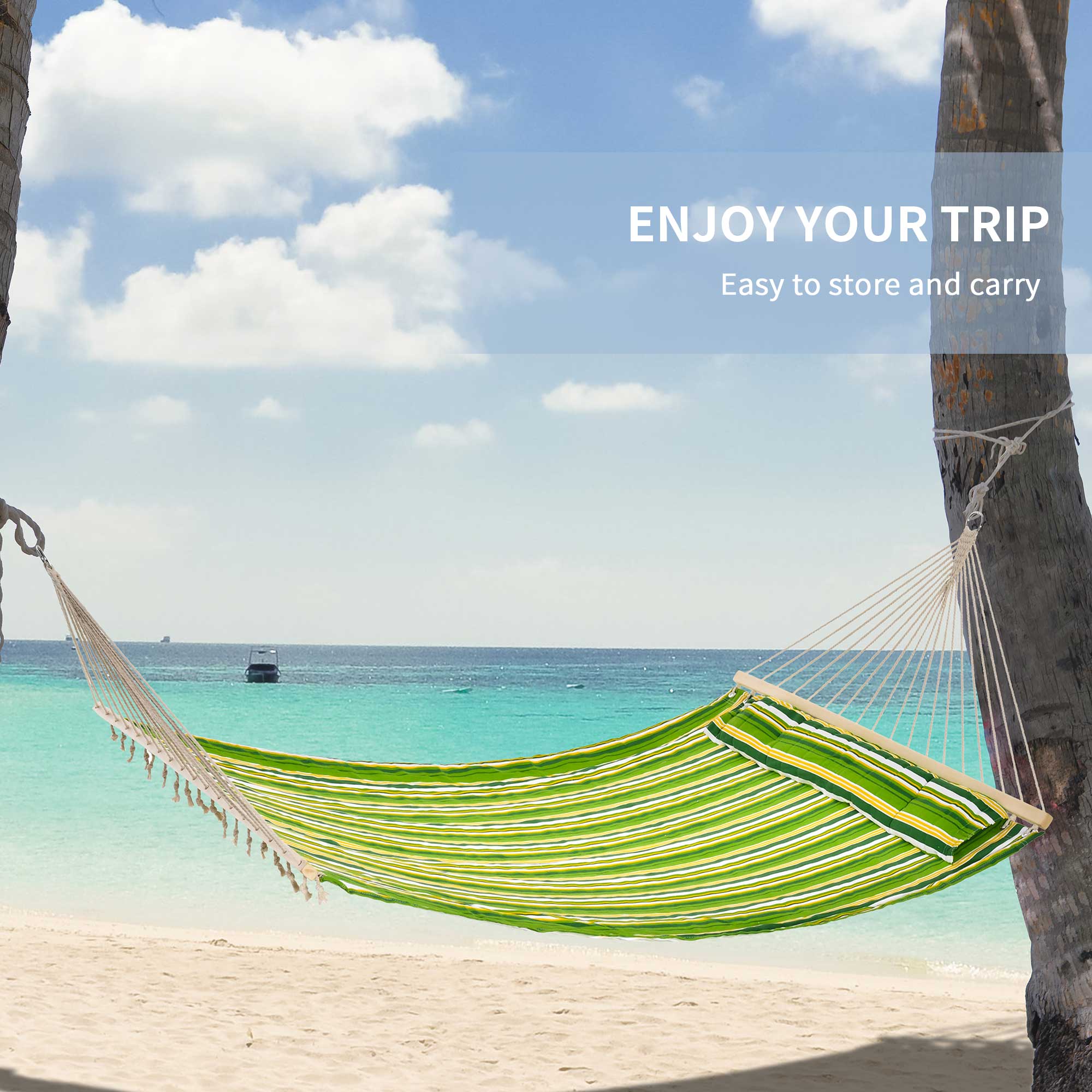 Outsunny 75" Patio Outdoor Hammock, Striped Camping Hammock Lounge Bed Garden w/ Pillow, Green