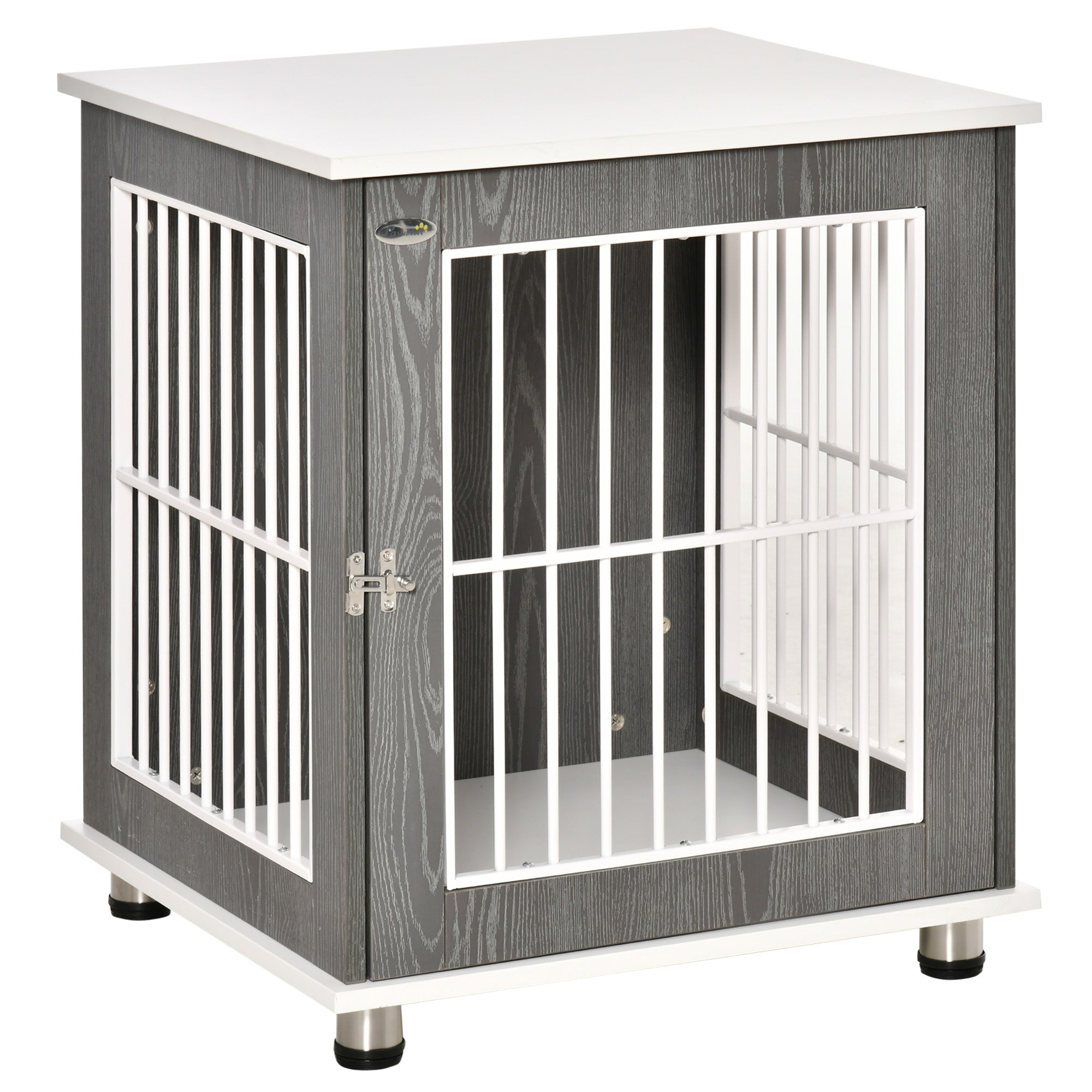 PawHut Wooden Dog Kennel, Furniture End Table with Lockable Door, Small Size Pet Crate Indoor Animal Cage, Grey