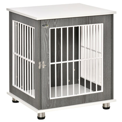PawHut Wooden Dog Kennel, Furniture End Table with Lockable Door, Small Size Pet Crate Indoor Animal Cage, Grey