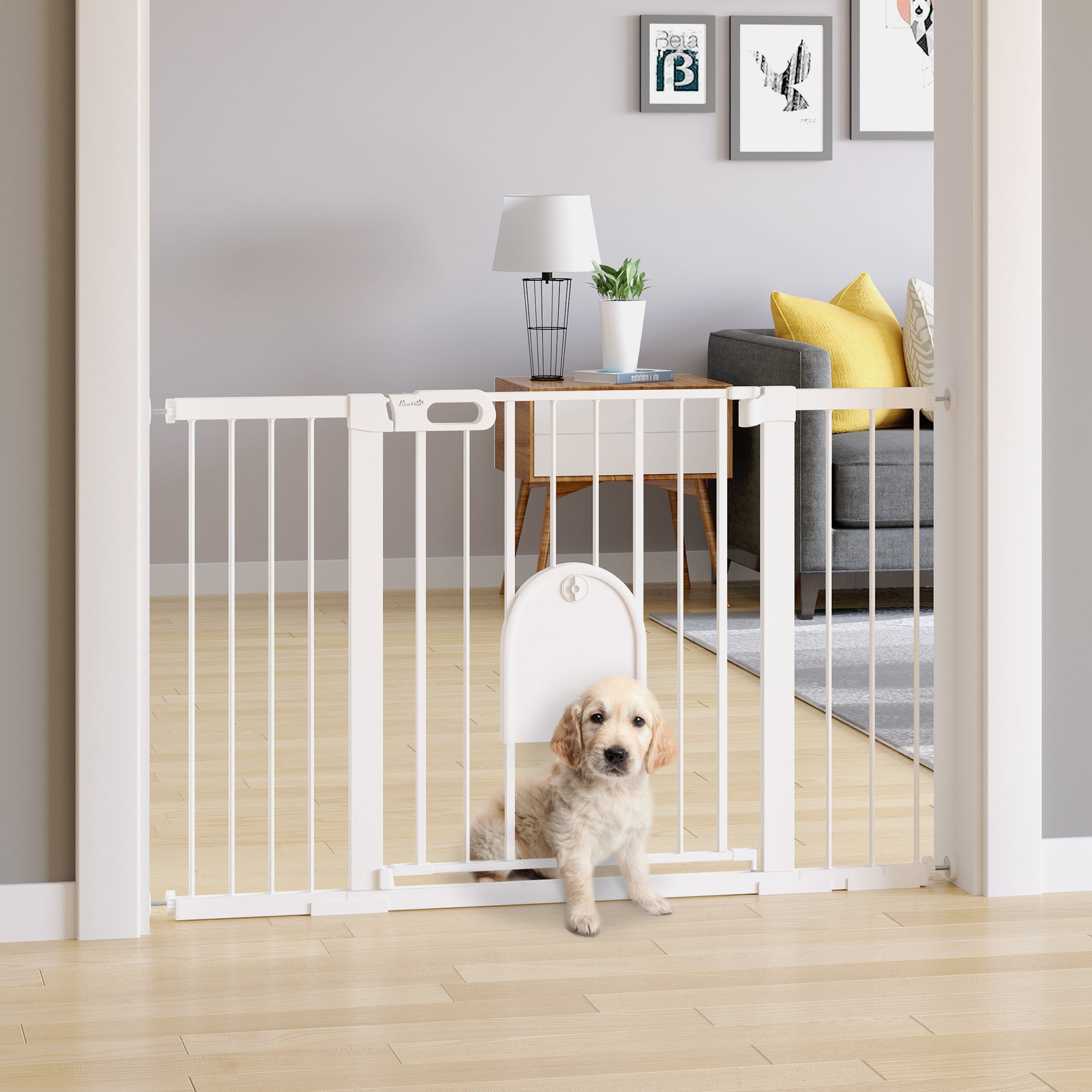 PawHut 30"-52" Extra Wide Pet Gate with Small Door, 30"H Dog Gate with Safety Gate Barrier, Stair Pressure Fit, Auto Close, Double Locking, for Doorways, Hallways, White