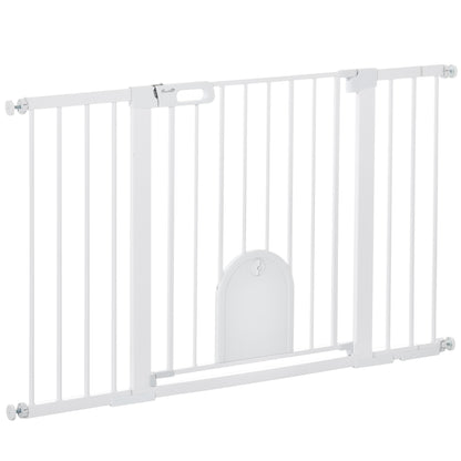 PawHut 30"-52" Extra Wide Pet Gate with Small Door, 30"H Dog Gate with Safety Gate Barrier, Stair Pressure Fit, Auto Close, Double Locking, for Doorways, Hallways, White