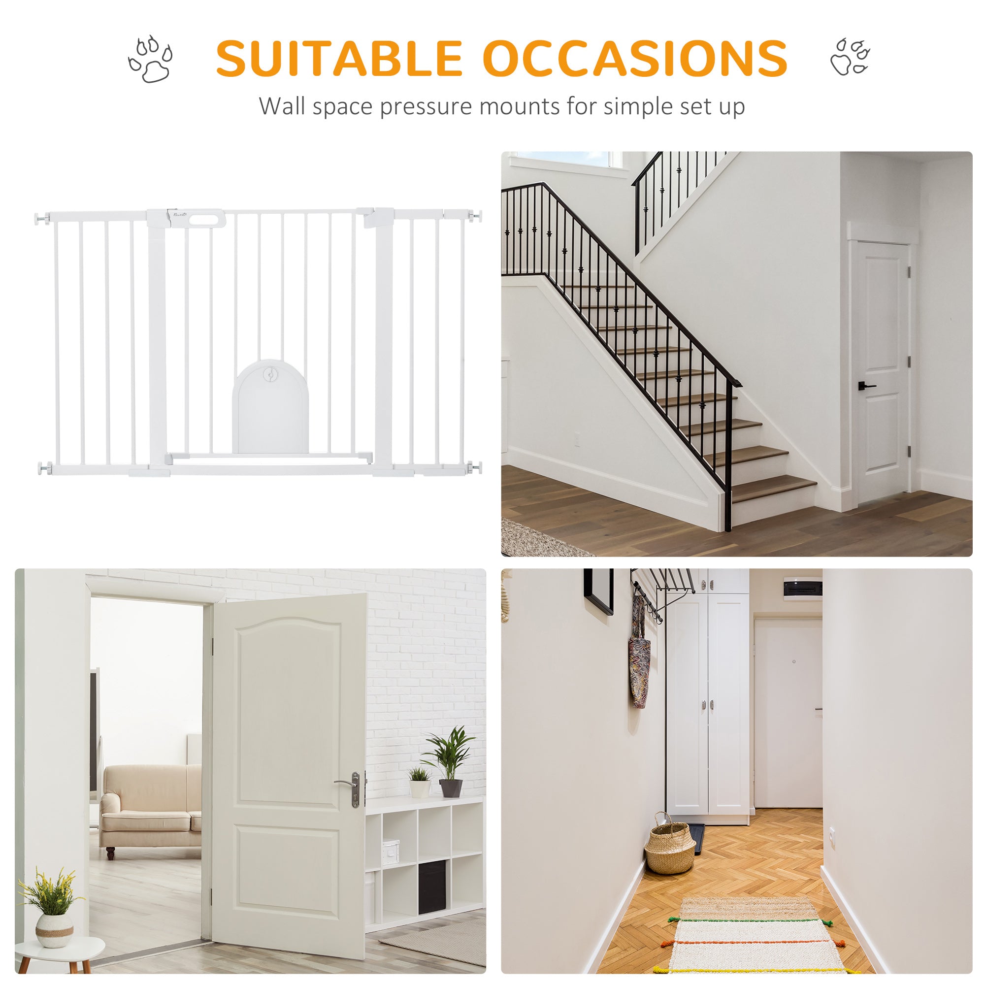 PawHut 30"-52" Extra Wide Pet Gate with Small Door, 30"H Dog Gate with Safety Gate Barrier, Stair Pressure Fit, Auto Close, Double Locking, for Doorways, Hallways, White