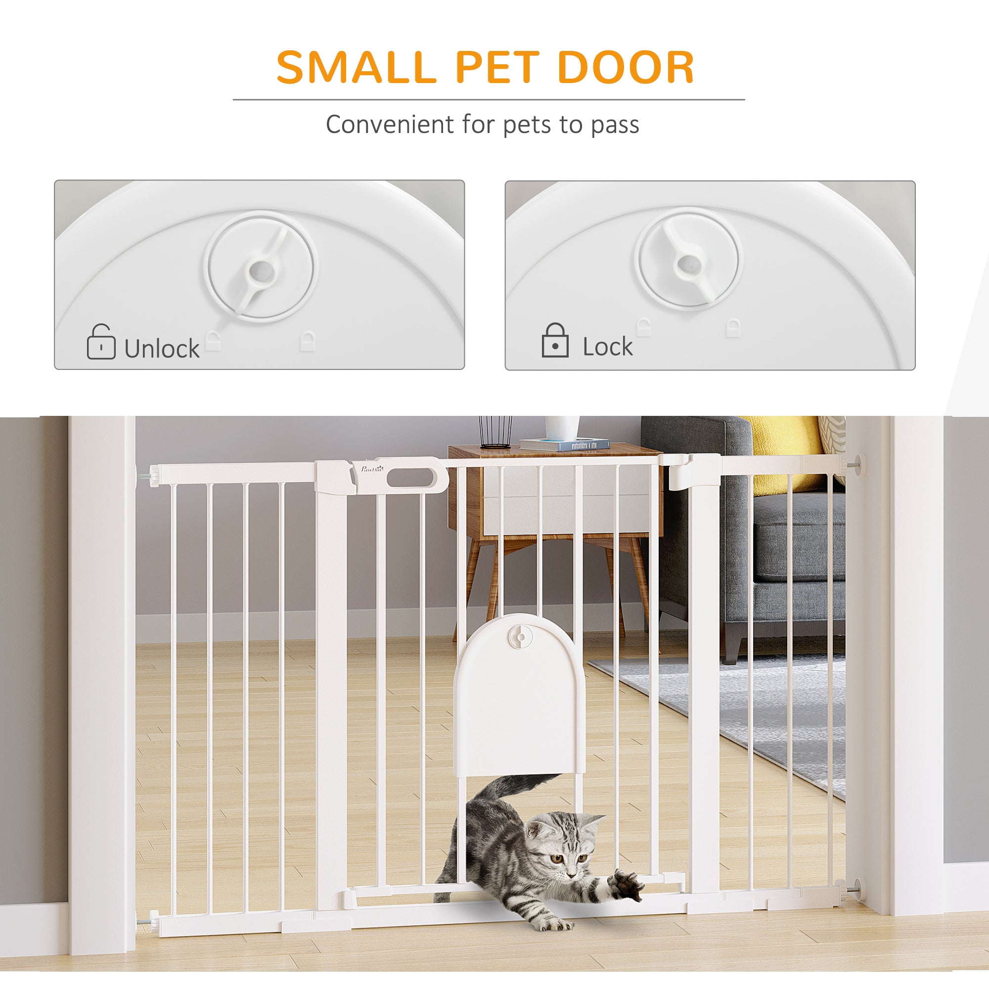 PawHut 30"-52" Extra Wide Pet Gate with Small Door, 30"H Dog Gate with Safety Gate Barrier, Stair Pressure Fit, Auto Close, Double Locking, for Doorways, Hallways, White