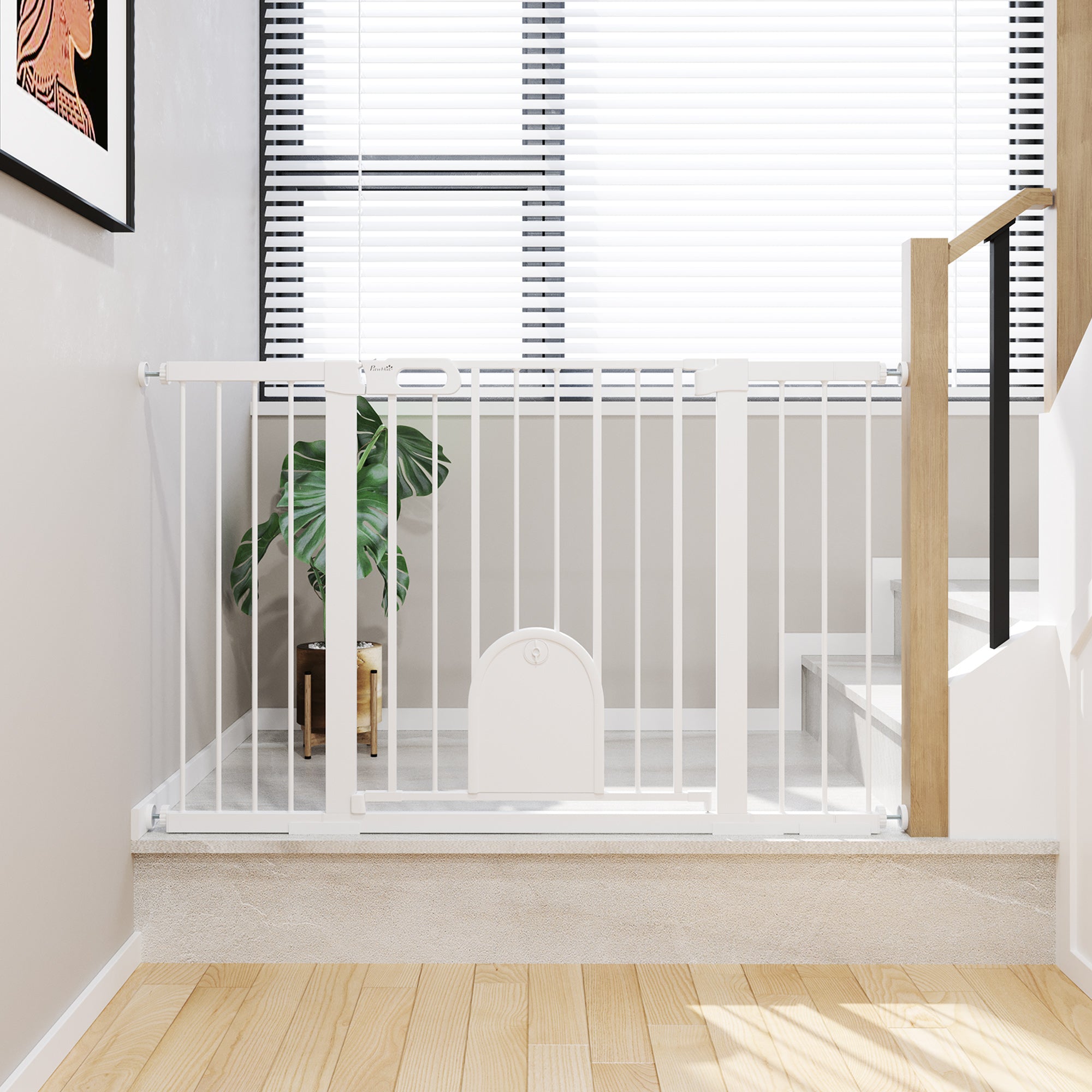 PawHut 30"-52" Extra Wide Pet Gate with Small Door, 30"H Dog Gate with Safety Gate Barrier, Stair Pressure Fit, Auto Close, Double Locking, for Doorways, Hallways, White
