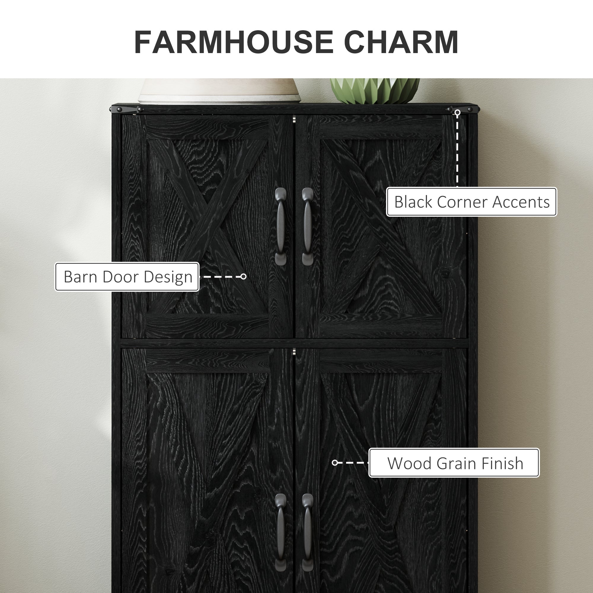 HOMCOM 42.5" Farmhouse Kitchen Pantry Cabinet, Freestanding Pantry Storage Cabinet with Barn Doors and Adjustable Shelves, Kitchen Cabinet, Black Wood Grain