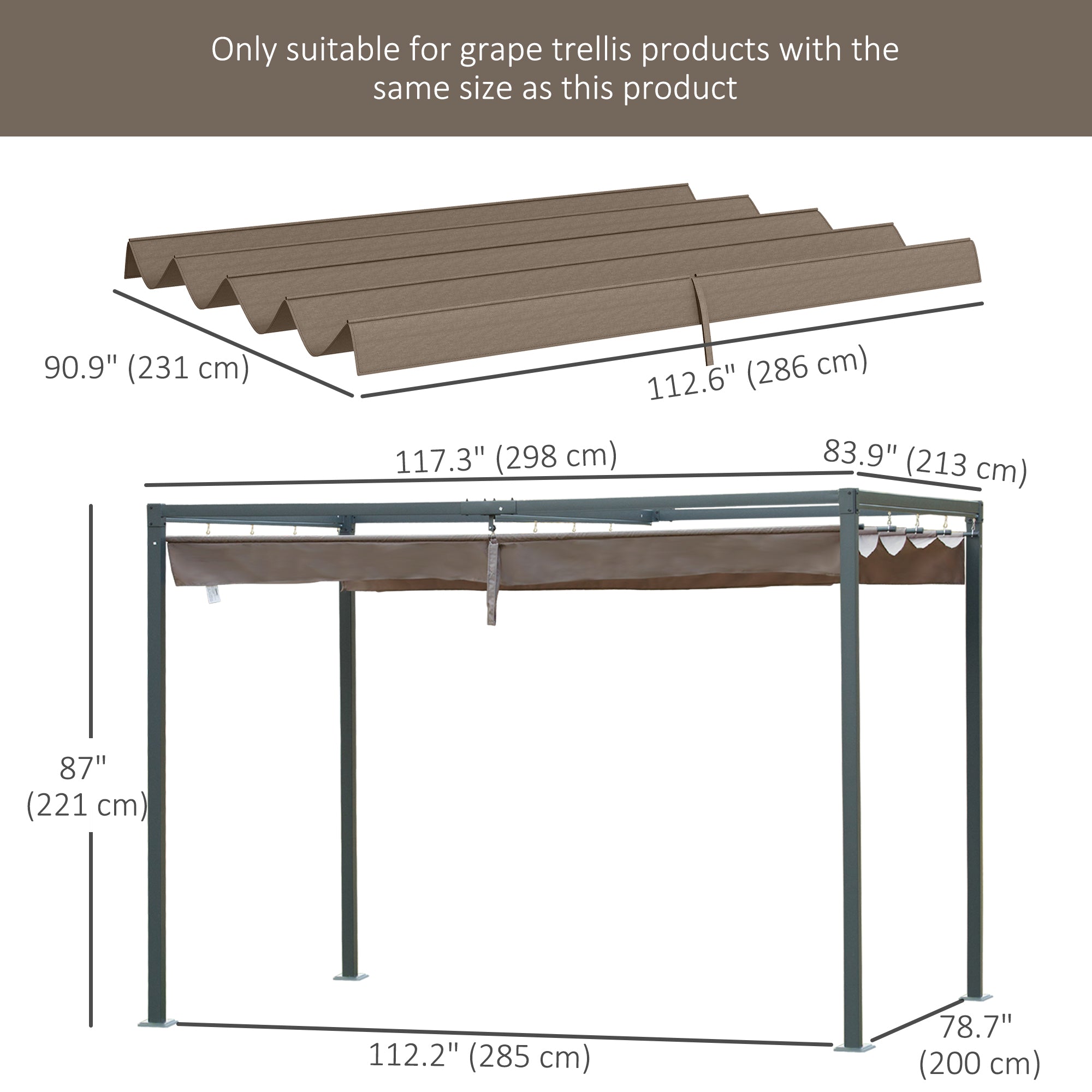 Outsunny Retractable Pergola Canopy, Sun Shade Cover, UV30+ Protected Replacement Canopy Fabric for 9.8' x 7.1' Pergola, Coffee