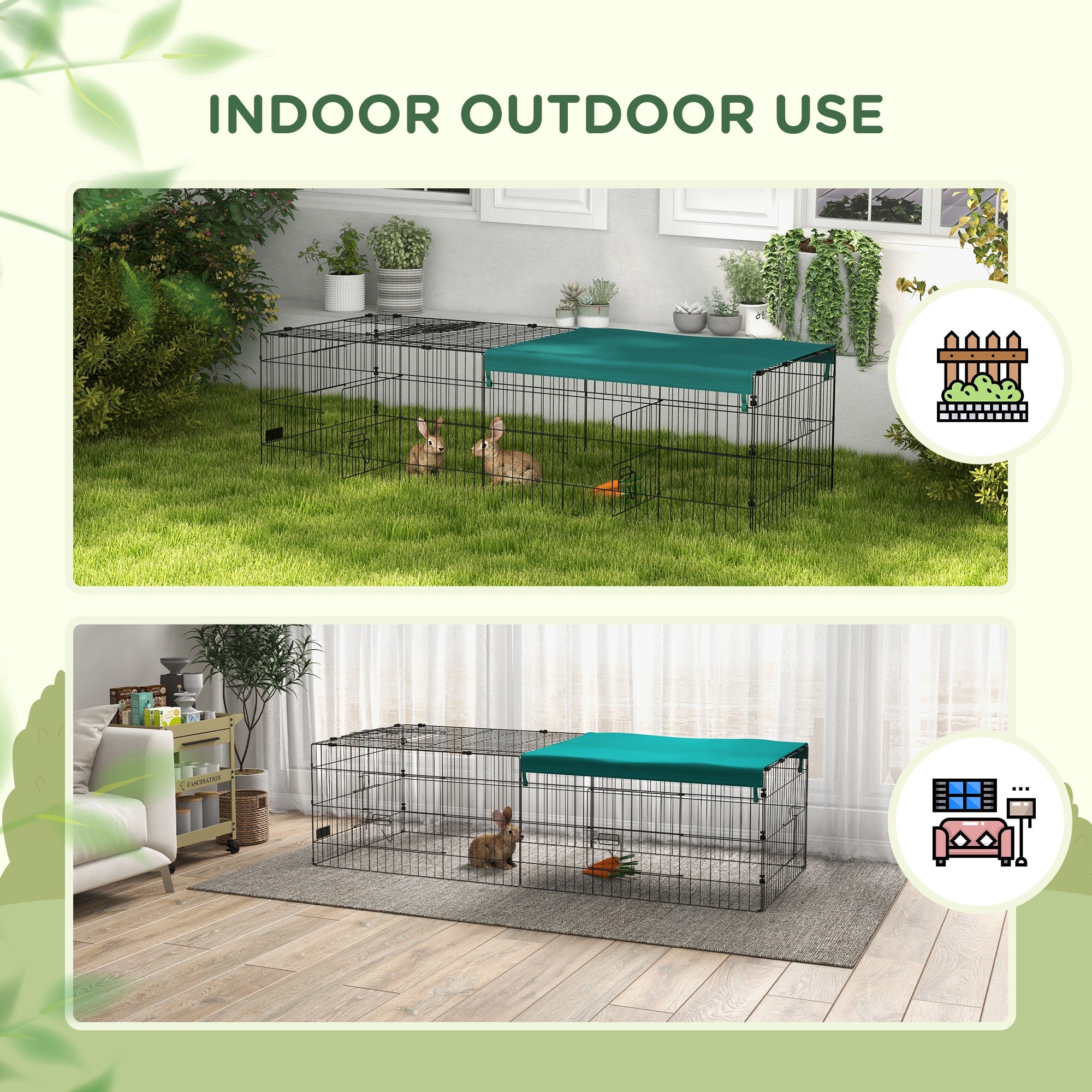 PawHut 73" Small Animal Cage, Pet Playpen for Chicken, Rabbits, Chinchillas, Outdoor Small Animal Playpen with Flat Roof, Green