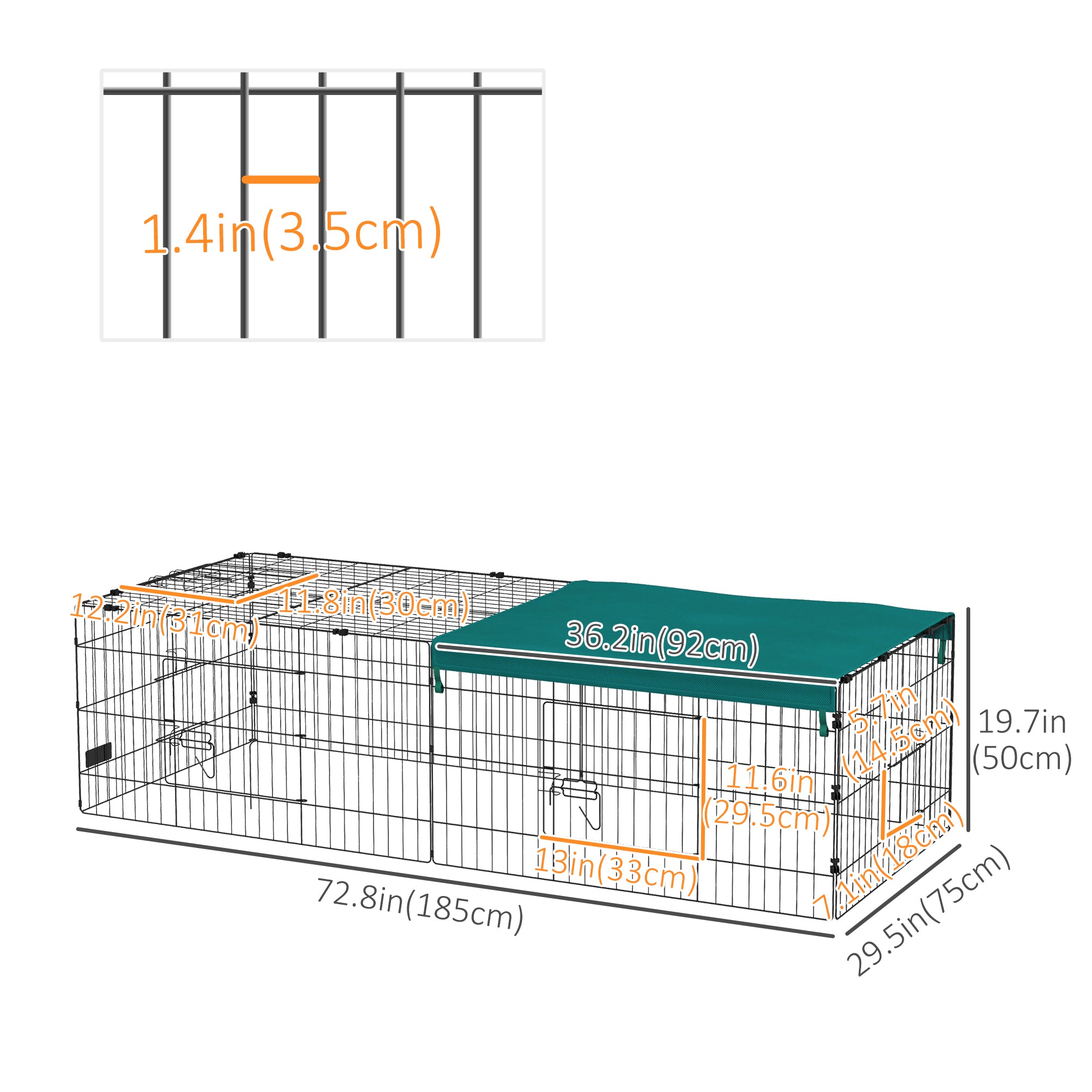 PawHut 73" Small Animal Cage, Pet Playpen for Chicken, Rabbits, Chinchillas, Outdoor Small Animal Playpen with Flat Roof, Green