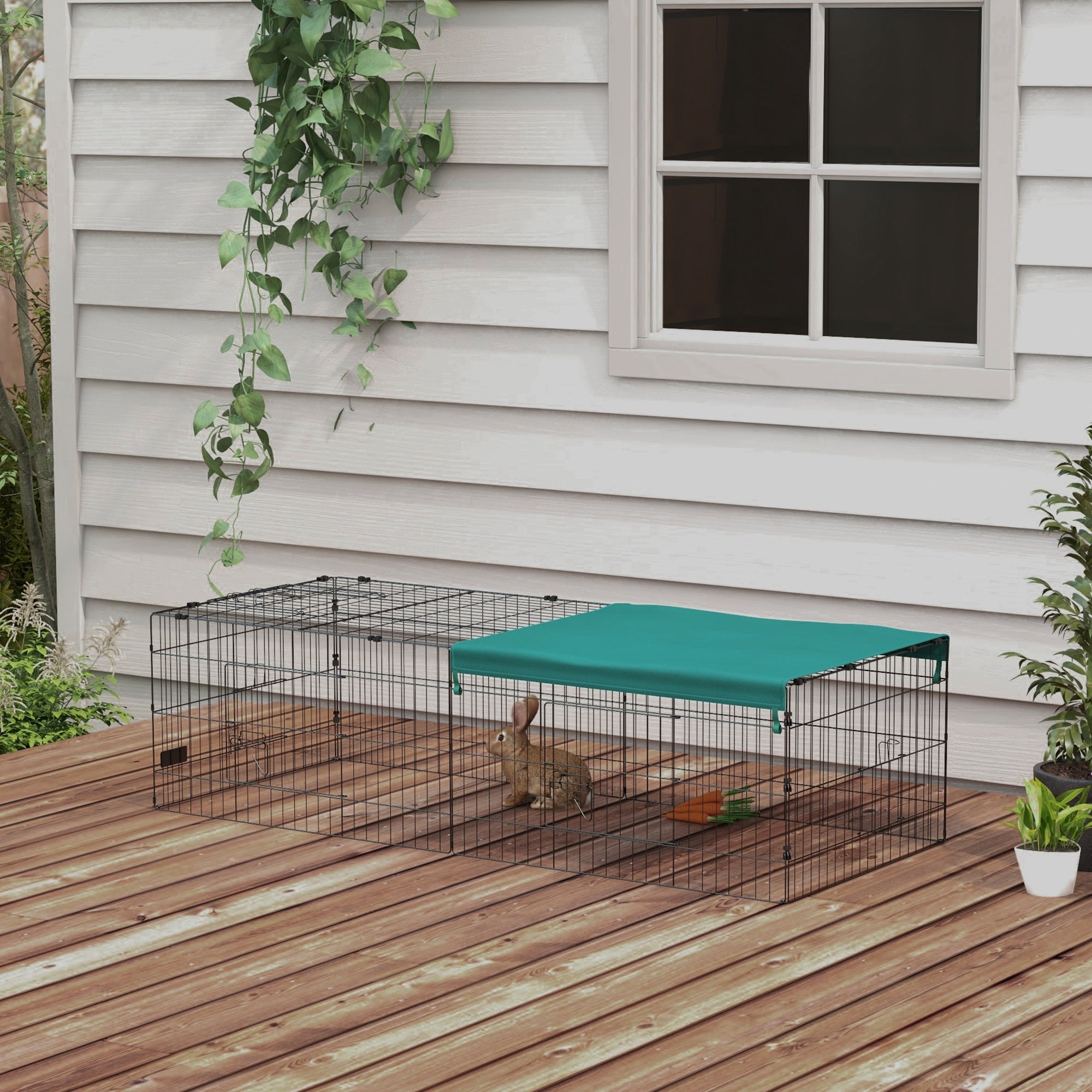 PawHut 73" Small Animal Cage, Pet Playpen for Chicken, Rabbits, Chinchillas, Outdoor Small Animal Playpen with Flat Roof, Green