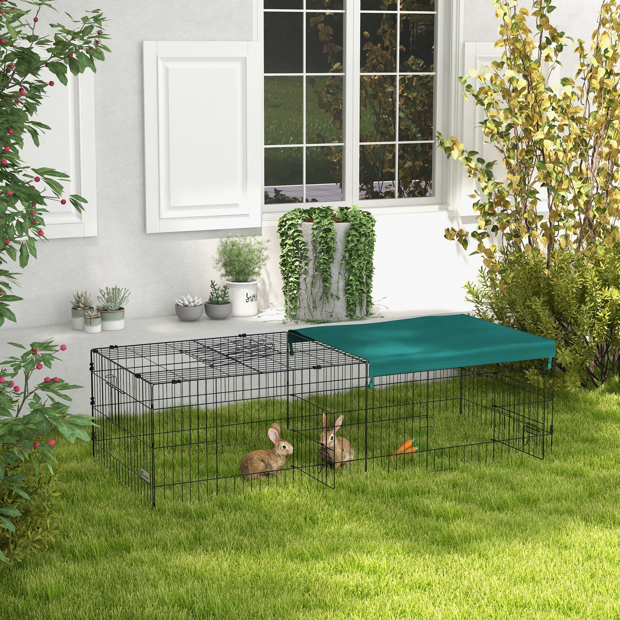 PawHut 73" Small Animal Cage, Pet Playpen for Chicken, Rabbits, Chinchillas, Outdoor Small Animal Playpen with Flat Roof, Green