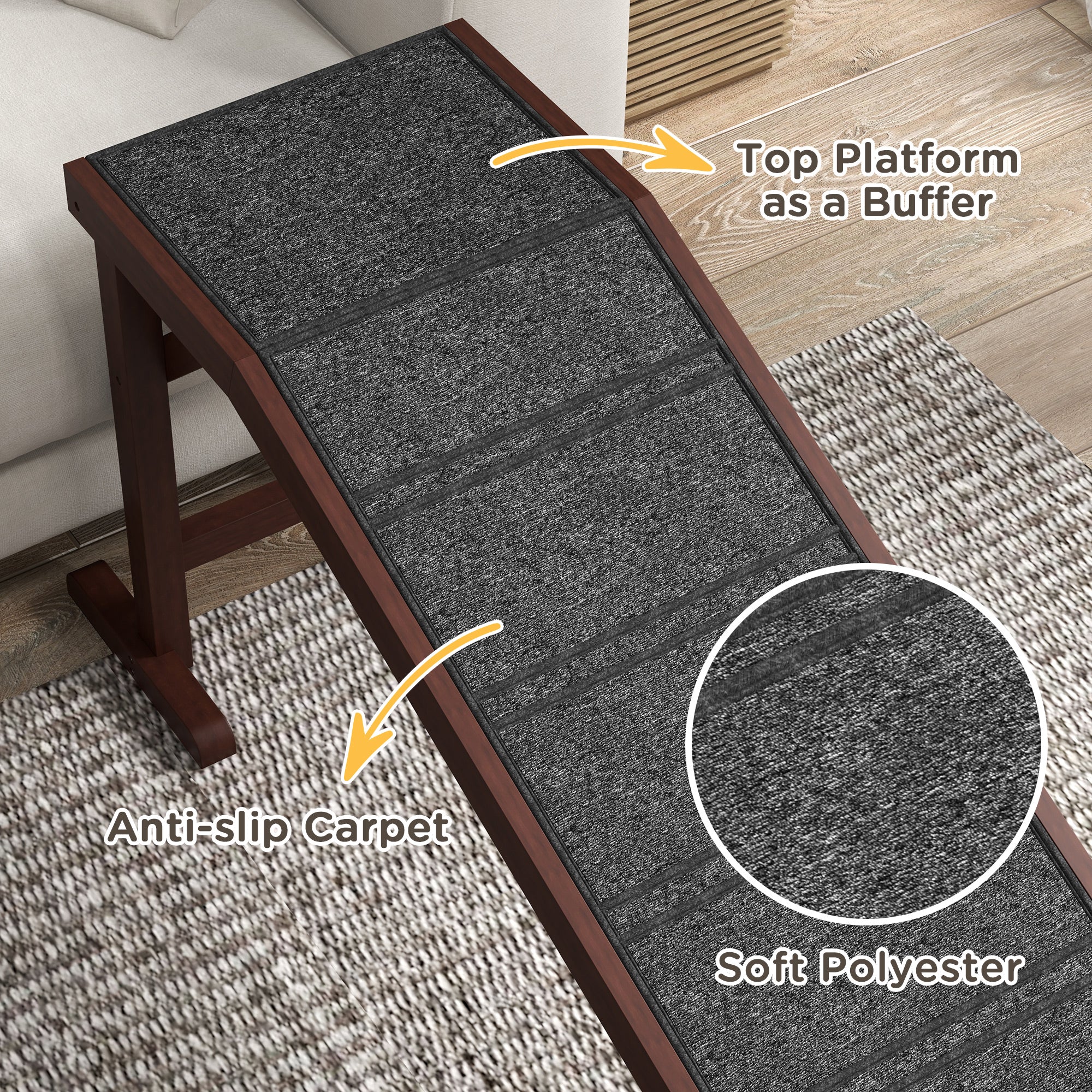 PawHut Pet Ramp Bed Steps for Dogs Cats Non-slip Carpet Top Platform Pine Wood 74"L x 16"W x 25"H Brown