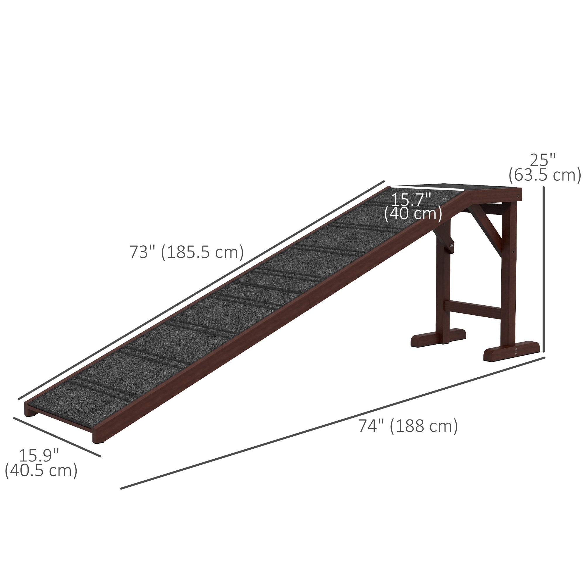 PawHut Pet Ramp Bed Steps for Dogs Cats Non-slip Carpet Top Platform Pine Wood 74"L x 16"W x 25"H Brown