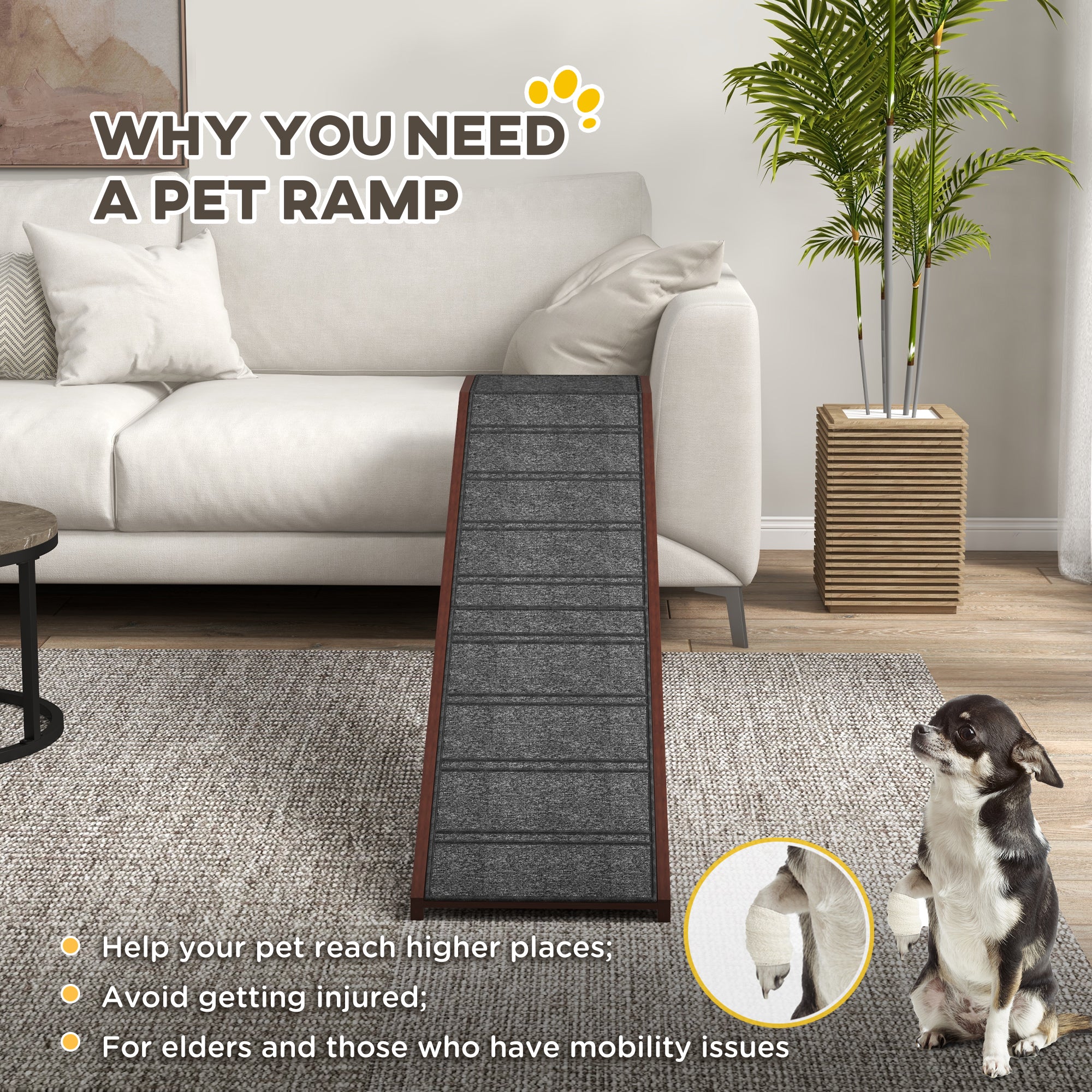 PawHut Pet Ramp Bed Steps for Dogs Cats Non-slip Carpet Top Platform Pine Wood 74"L x 16"W x 25"H Brown