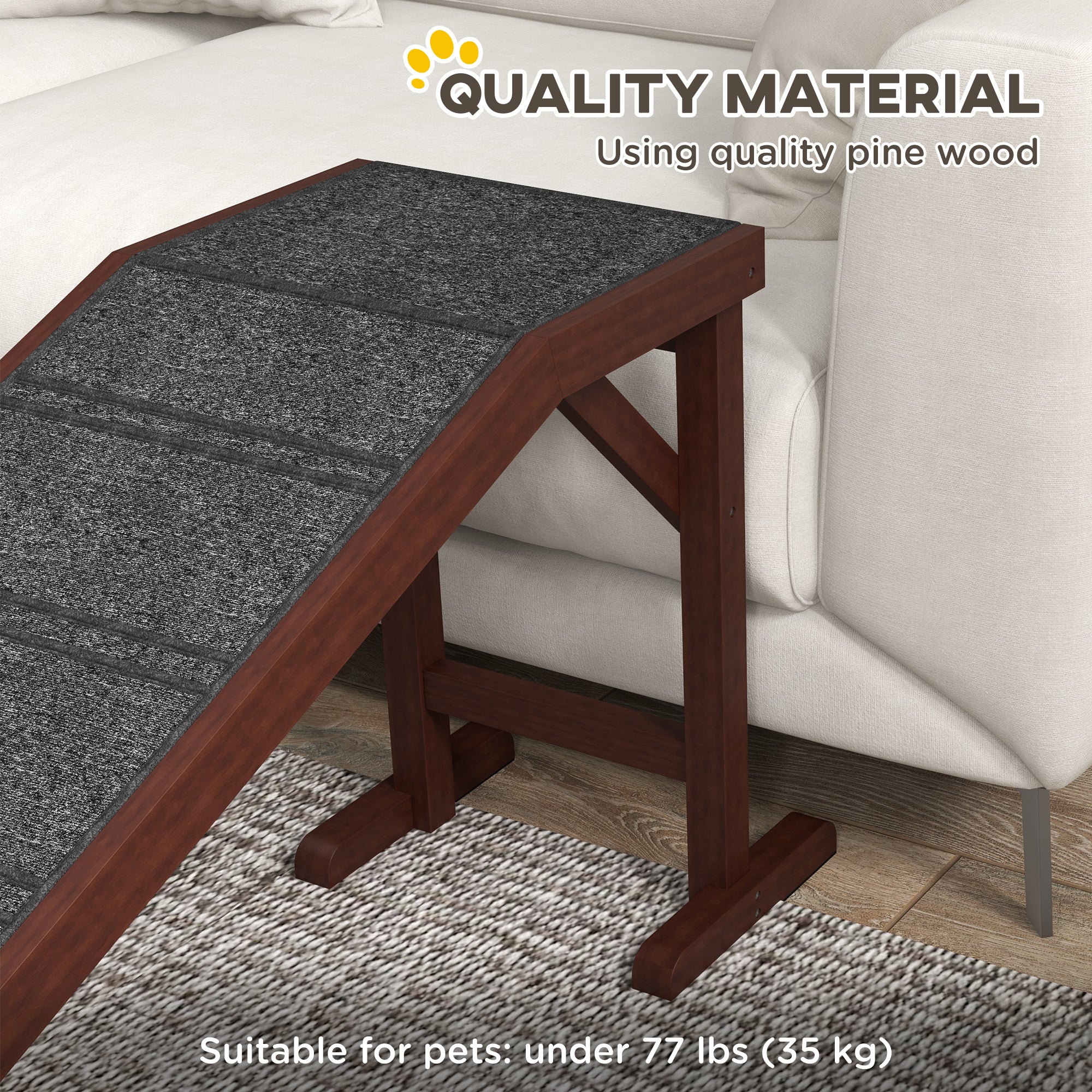 PawHut Pet Ramp Bed Steps for Dogs Cats Non-slip Carpet Top Platform Pine Wood 74"L x 16"W x 25"H Brown