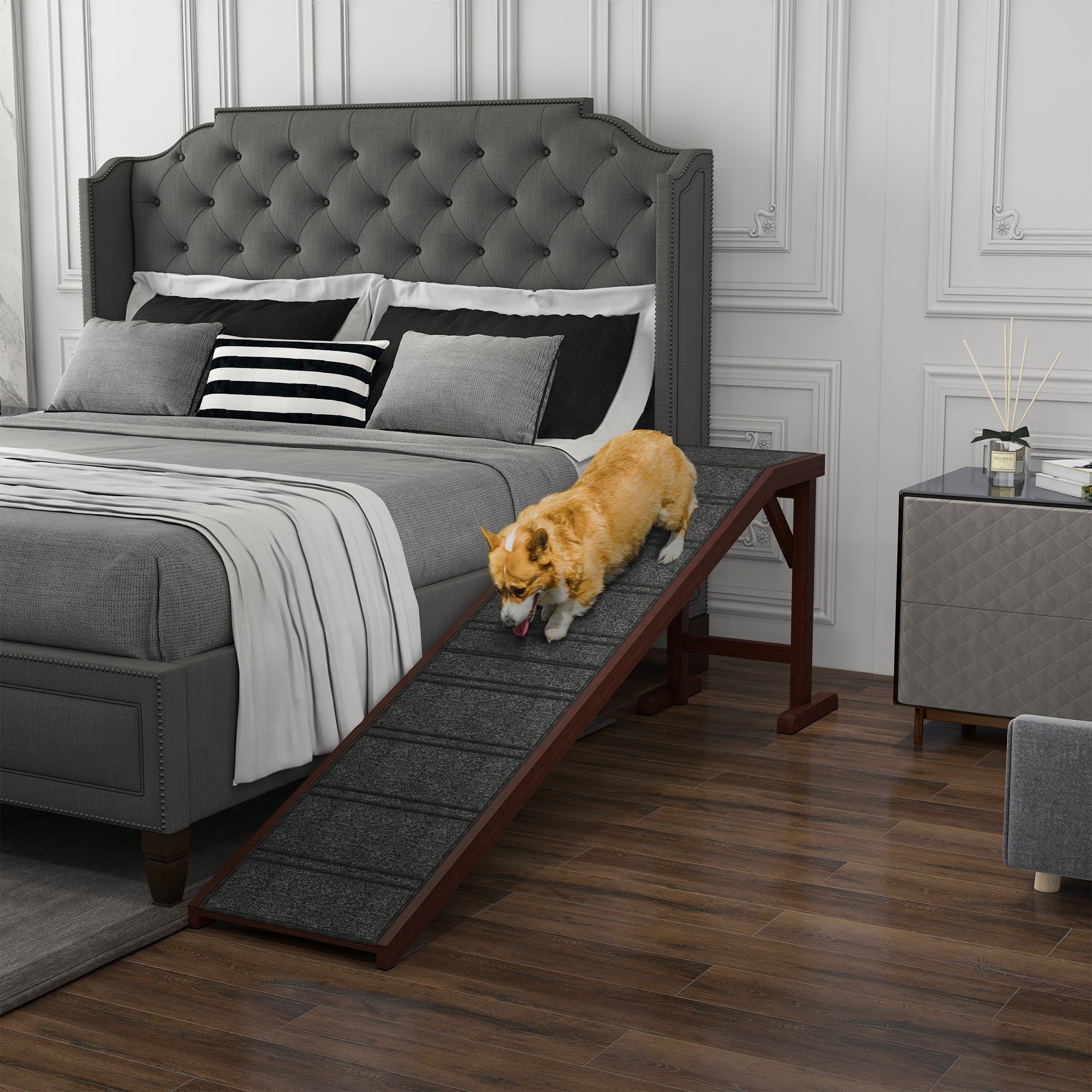 PawHut Pet Ramp Bed Steps for Dogs Cats Non-slip Carpet Top Platform Pine Wood 74"L x 16"W x 25"H Brown