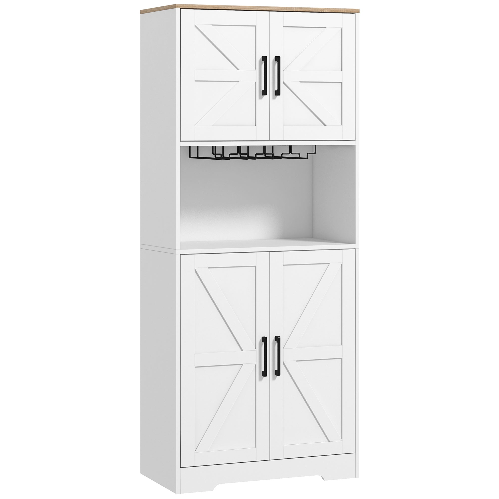 HOMCOM Kitchen Pantry Storage Cabinet, 68" Freestanding Hutch Cabinet with Microwave Oven Countertop, Farmhouse Doors, White