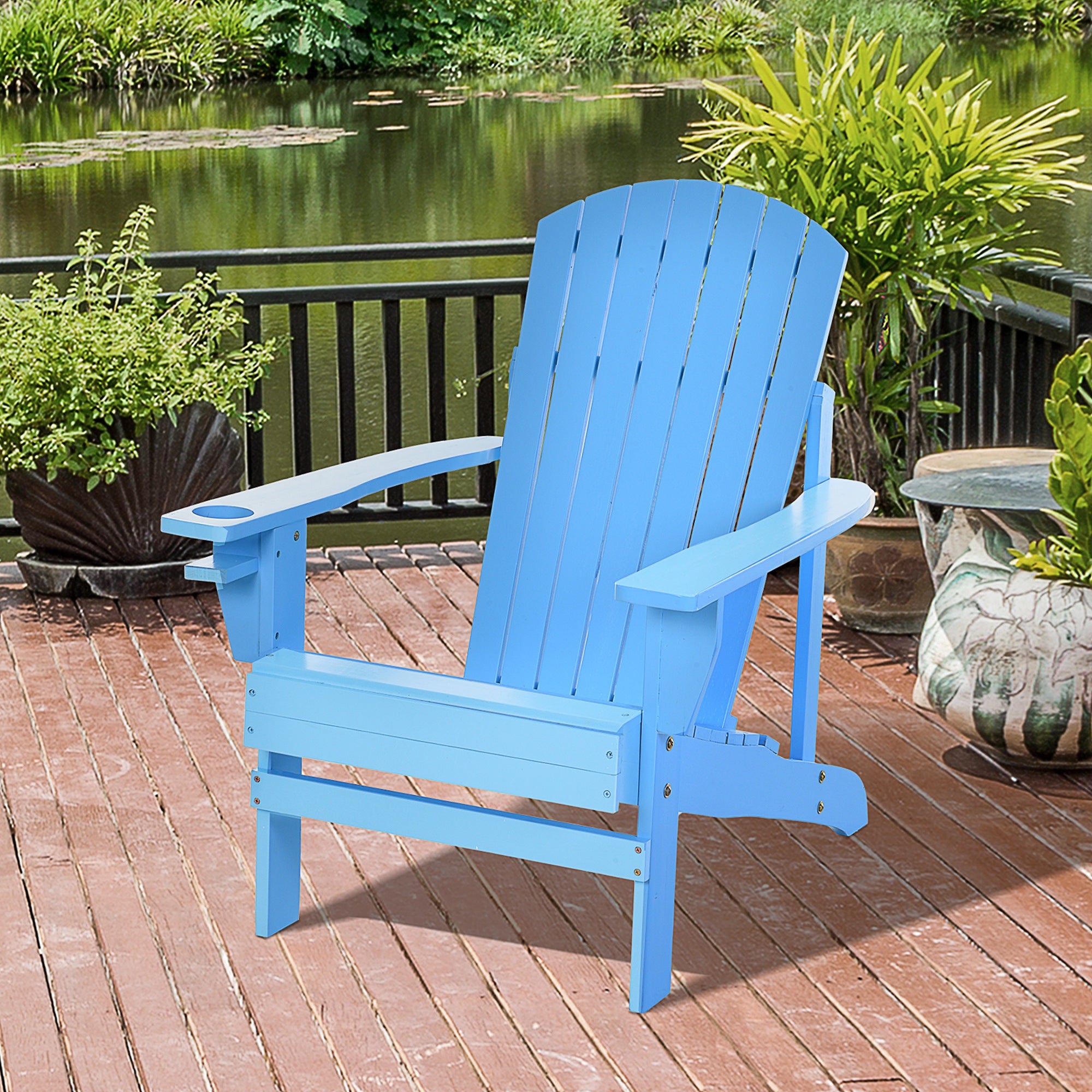 Outsunny Classic Adirondack Chair Muskoka Chair, Garden Deck Chair with Cup Holder for Patio, Indoor, Backyard, Blue