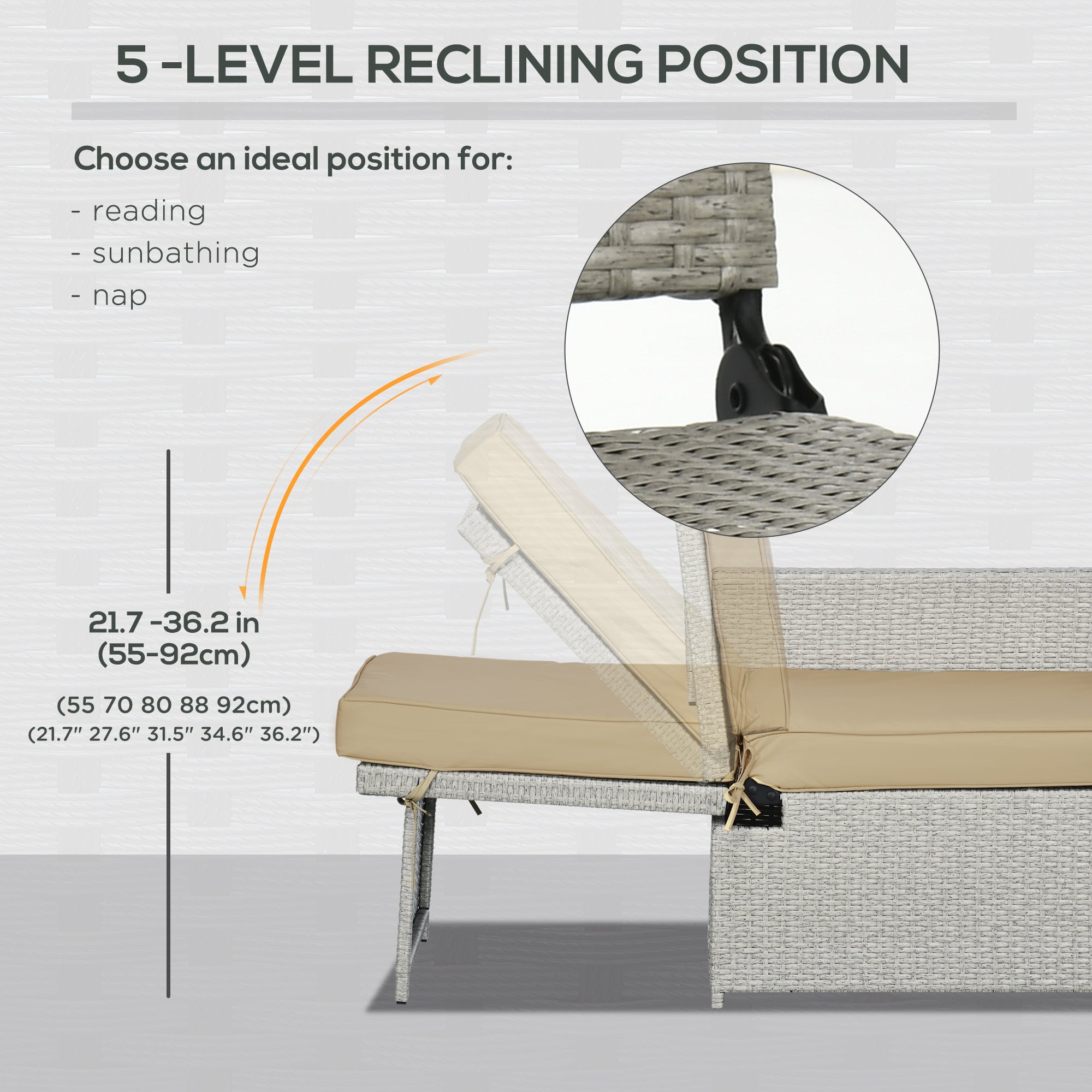 Outsunny 5PC Wicker Patio Lounger, Outdoor PE Rattan 5-level Adjustable Recliner Sofa Bed with Storage Side Table and Footstools, for Patio, Garden, Poolside, Khaki