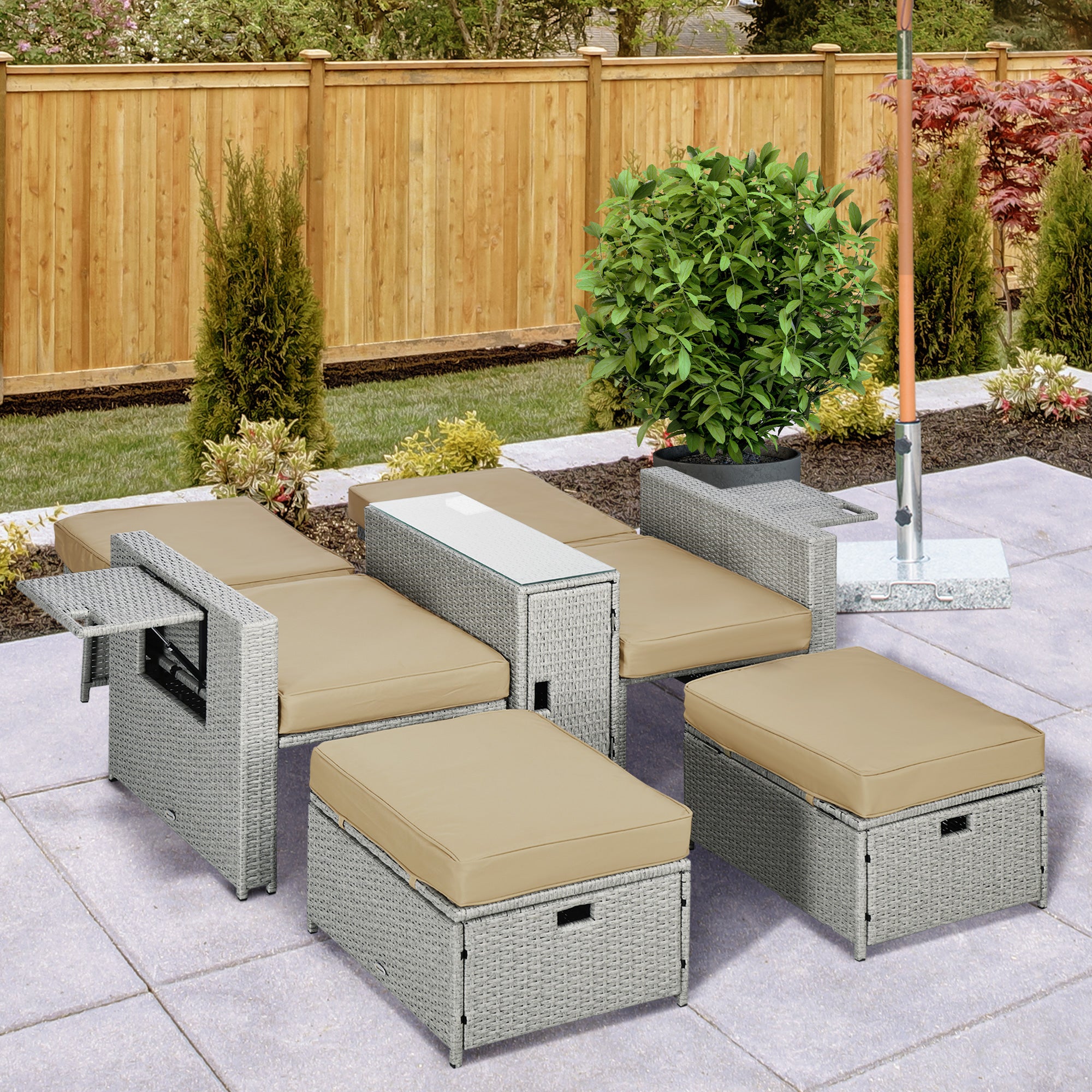 Outsunny 5PC Wicker Patio Lounger, Outdoor PE Rattan 5-level Adjustable Recliner Sofa Bed with Storage Side Table and Footstools, for Patio, Garden, Poolside, Khaki