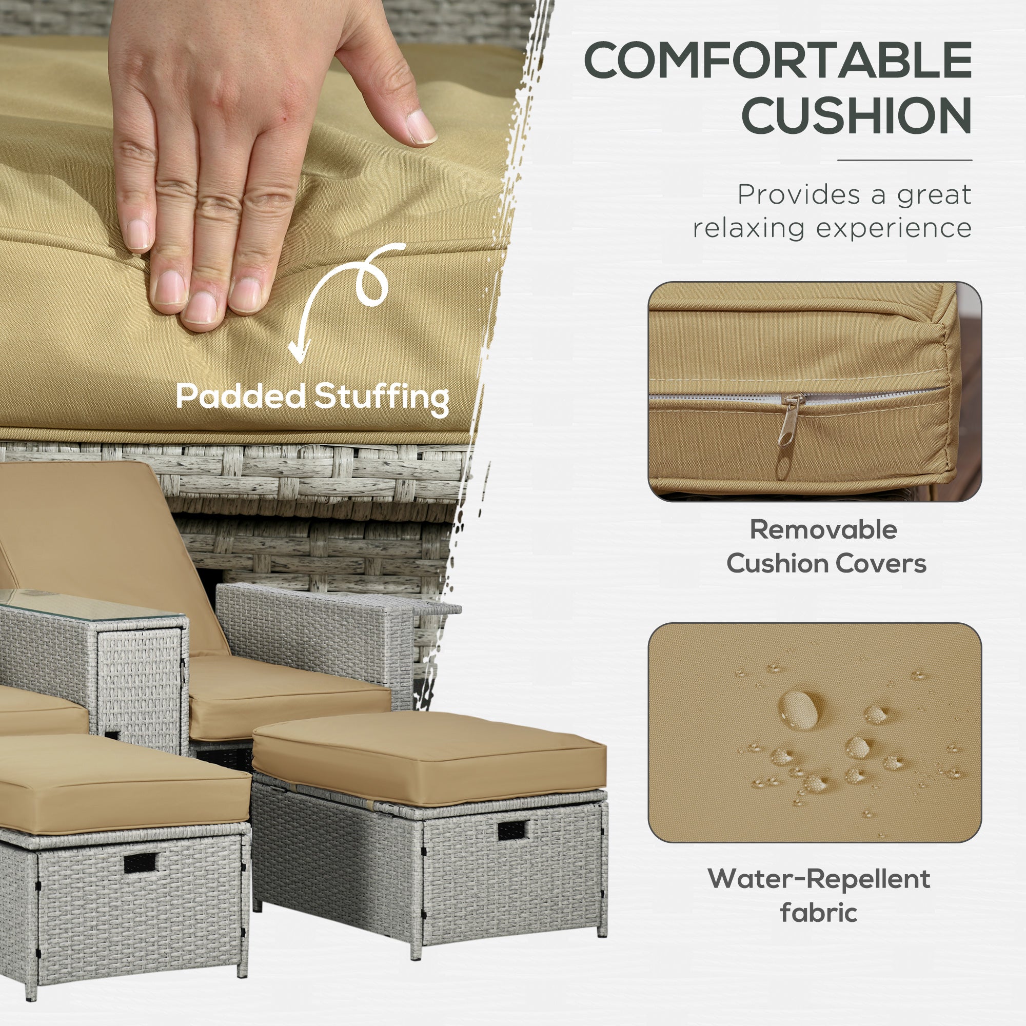 Outsunny 5PC Wicker Patio Lounger, Outdoor PE Rattan 5-level Adjustable Recliner Sofa Bed with Storage Side Table and Footstools, for Patio, Garden, Poolside, Khaki